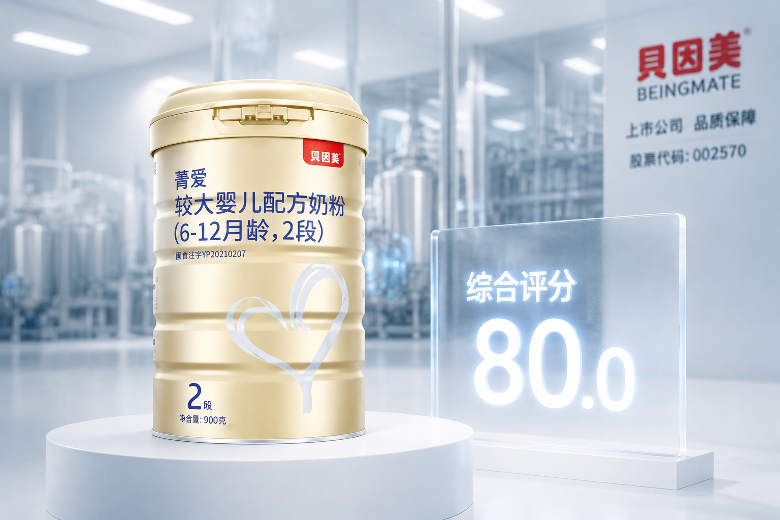 貝因美品牌背景概念圖。在一個(gè)現(xiàn)代專業(yè)的攝影棚內(nèi)，一罐貝因美菁愛奶粉放置在純白色的展示臺(tái)上，旁邊有一塊發(fā)光的亞克力展板，上面帶有“綜合評(píng)分 80.0”的數(shù)字投影。背景有模糊的現(xiàn)代化工廠剪影，體現(xiàn)上市公司的專業(yè)實(shí)力。高質(zhì)量，8k分辨率，商業(yè)產(chǎn)品攝影風(fēng)格，打光高級(jí)。