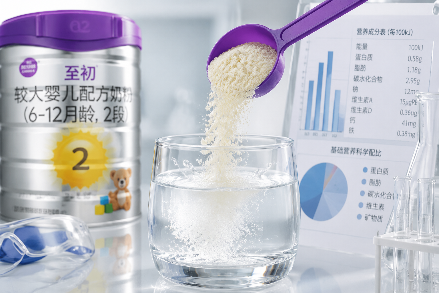 微距摄影，一勺细腻的奶粉正在被倒入温水中，水花轻柔，旁边放置着记录营养数据的图表和试管，体现科学配比和基础营养的精准。
