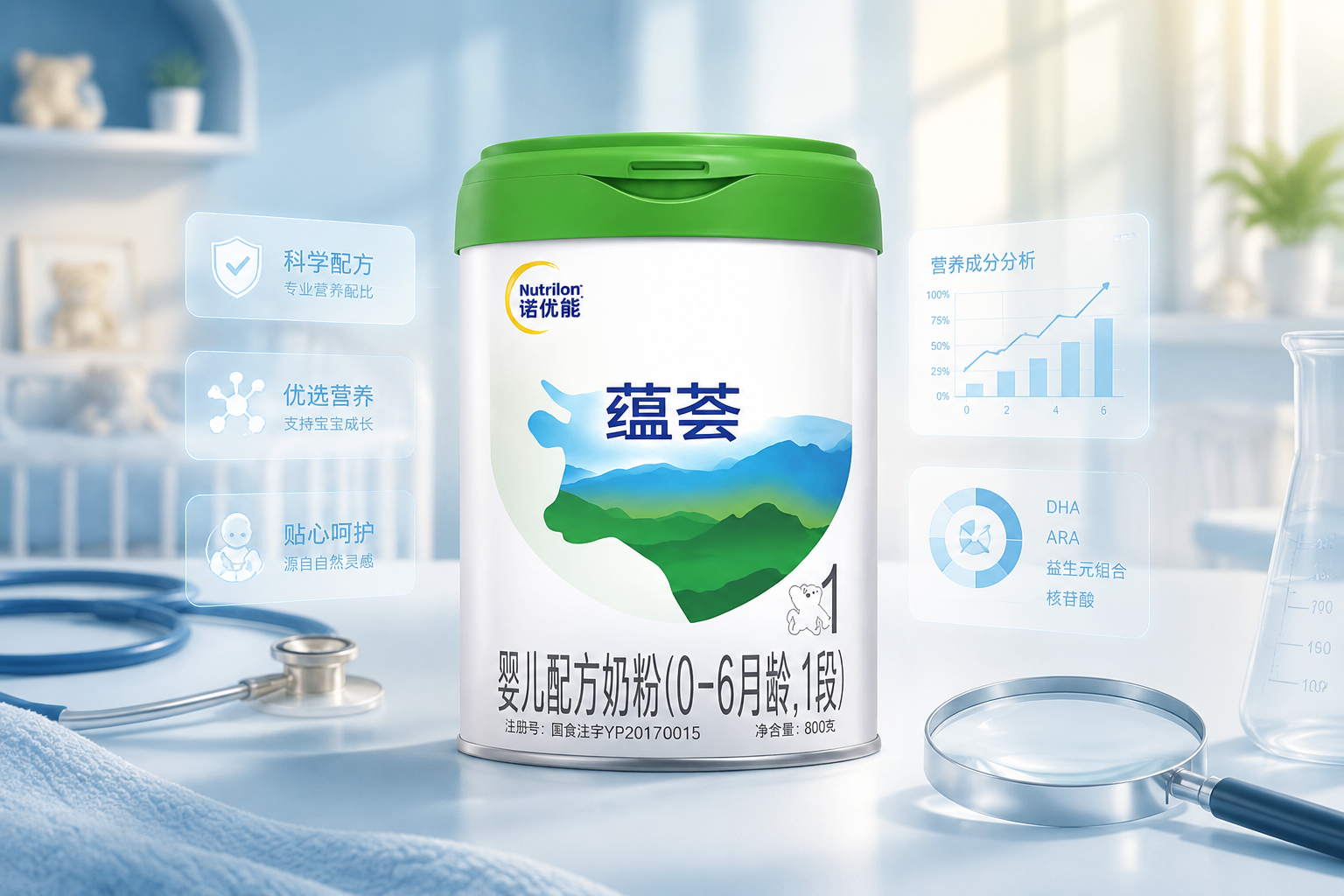 一张高端、专业的奶粉测评主图。画面中心是诺优能蕴荟奶粉1段的罐子，背景是明亮温馨的母婴室环境，旁边配有听诊器、放大镜和数据图表元素的虚影，整体色调以温暖的浅蓝色和奶白色为主，体现专业、科学、安心的氛围。