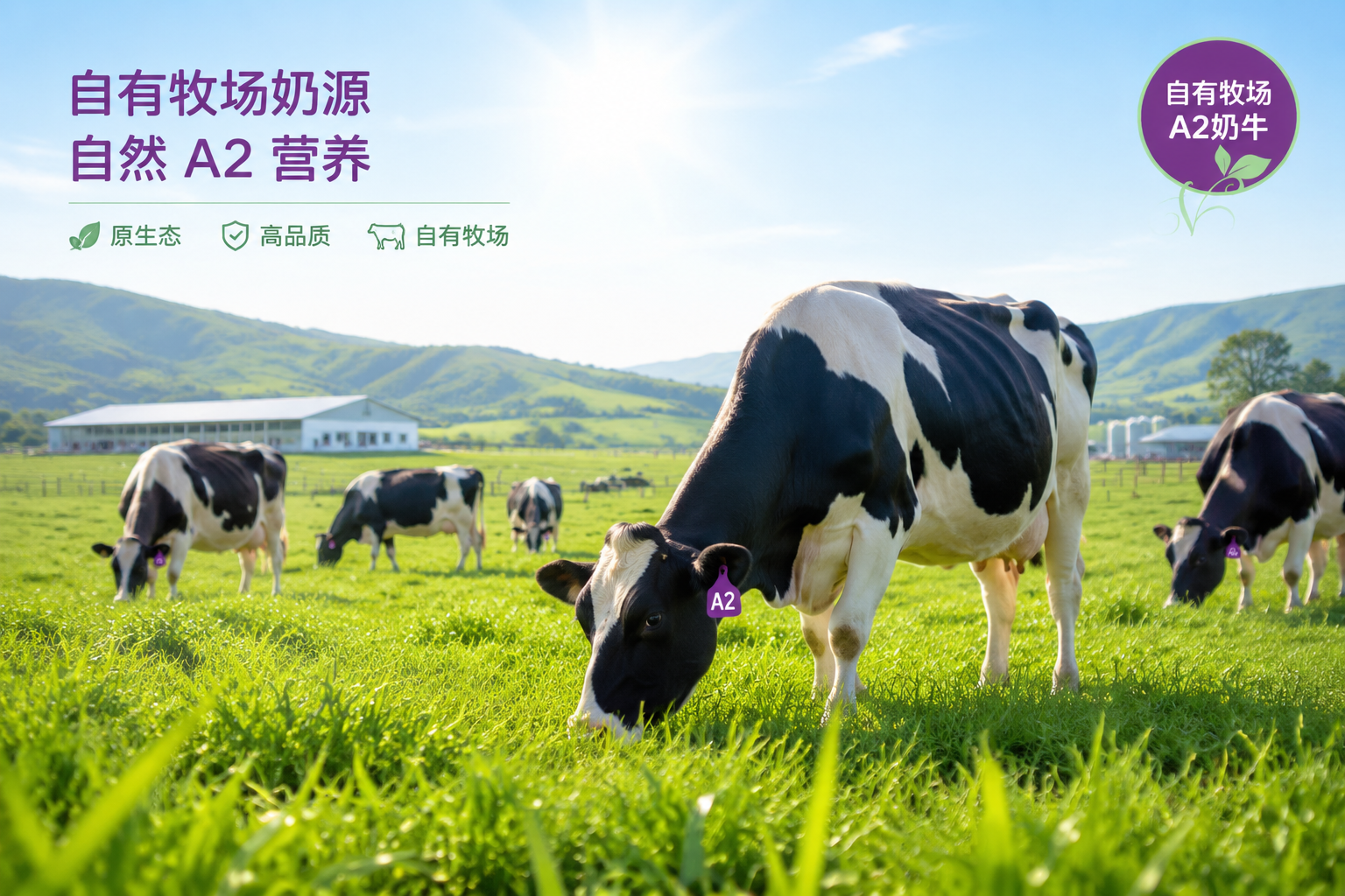 陽光明媚的現(xiàn)代化黃金奶源帶牧場，健康的A2奶牛在綠油油的草地上吃草，畫面純凈自然，體現(xiàn)出原生態(tài)、高品質(zhì)的自有牧場奶源概念，色彩鮮艷，充滿生機。