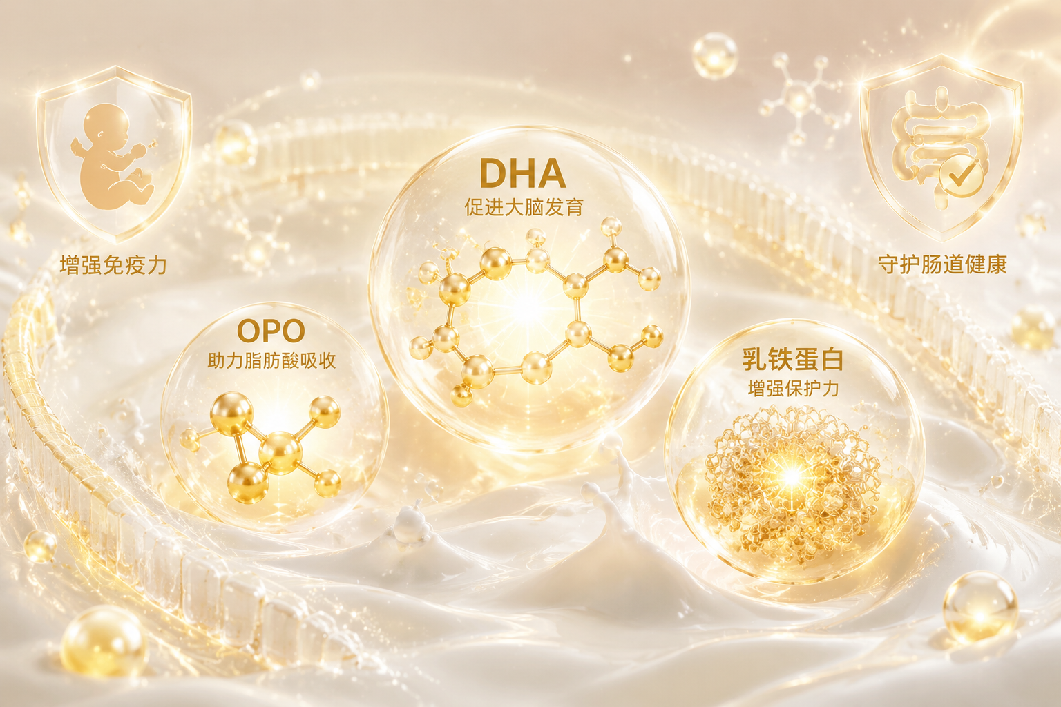 3D微观科学插画，展示发光的营养分子结构（如DHA、OPO、乳铁蛋白），漂浮在纯净的乳白色液体中，带有金色的光晕，象征着强大的免疫力和肠道保护力，科技感与母婴柔和感结合。