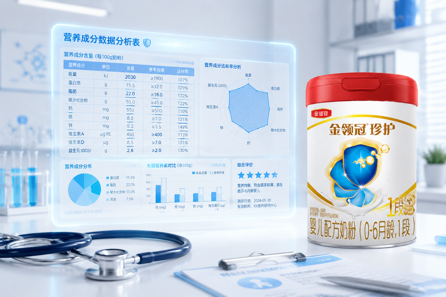 一张专业的营养成分数据分析表投影在空中，旁边放置着听诊器和奶粉罐，背景是明亮的实验室或儿科医生桌面，体现专业测评和数据分析的严谨性。