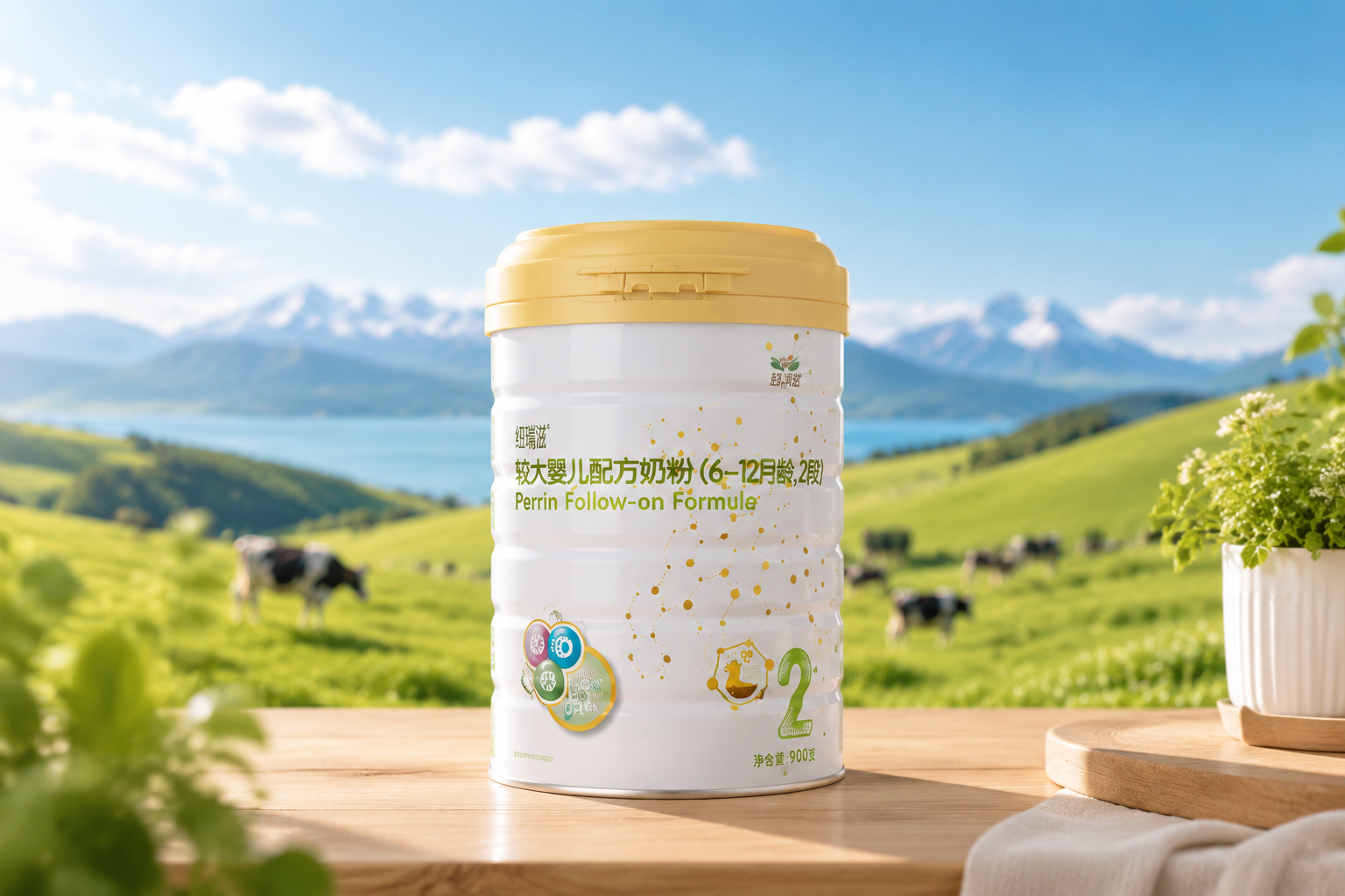 攝影級高清產(chǎn)品圖，一罐紐瑞滋平潤2段奶粉放置在木質(zhì)桌面上，背景是陽光明媚的新西蘭純凈牧場，藍天白云，光線柔和明亮，體現(xiàn)高端、純凈的品牌質(zhì)感，C4D渲染風格。