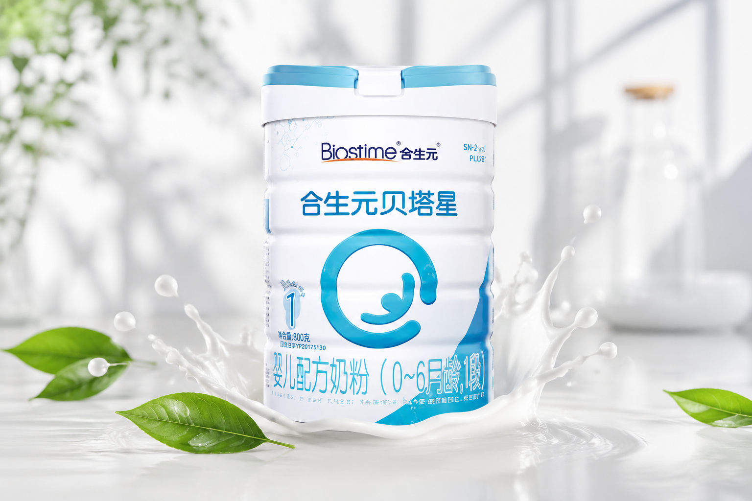 一罐合生元贝塔星奶粉放置在干净、明亮的母婴影棚背景中，周围有柔和的自然光，旁边点缀着几片绿叶和一滴纯净的牛奶飞溅效果，高端、专业、清晰，8k分辨率，逼真质感。