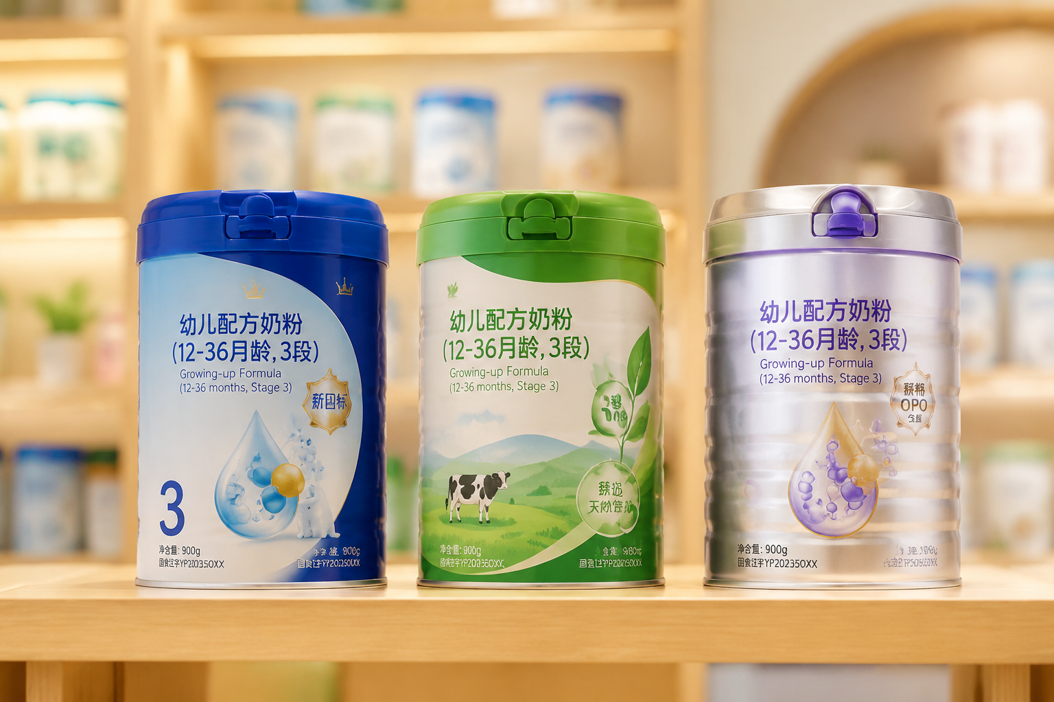 三罐不同包裝風(fēng)格的嬰兒配方奶粉整齊地排列在原木色的貨架上。左邊是經(jīng)典的藍(lán)色包裝，中間是綠色的天然罐裝，右邊是高端的鉑金質(zhì)感包裝。背景柔化模糊，光線柔和，營造出豐富的全系列產(chǎn)品矩陣的氛圍。