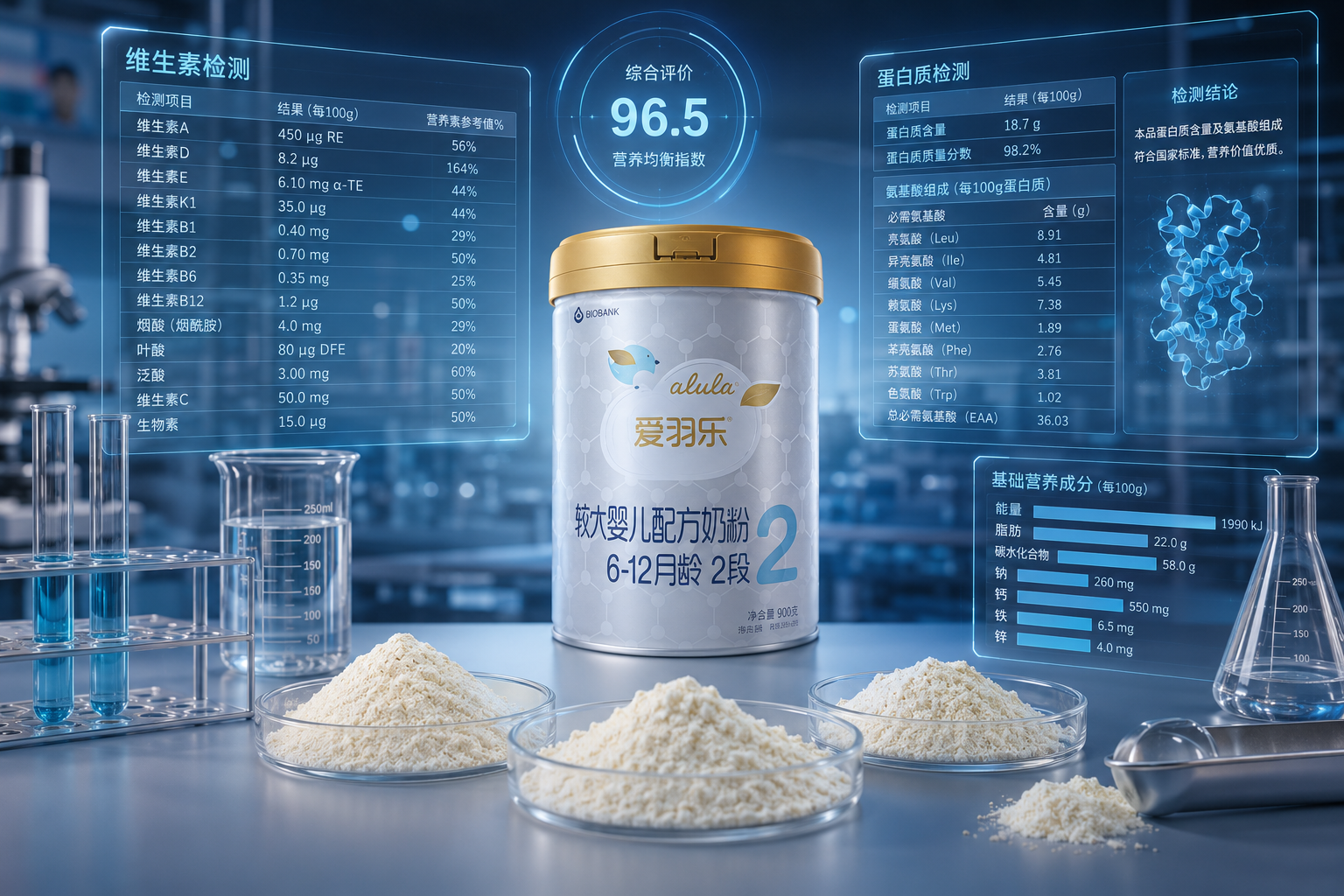 评测博主的实验台，上面有几个培养皿倒出奶粉，旁边有烧杯和试管，空气中投射出维生素和蛋白质检测数据面板的虚影，体现基础营养的科学检测分析，专业打光，科技风。