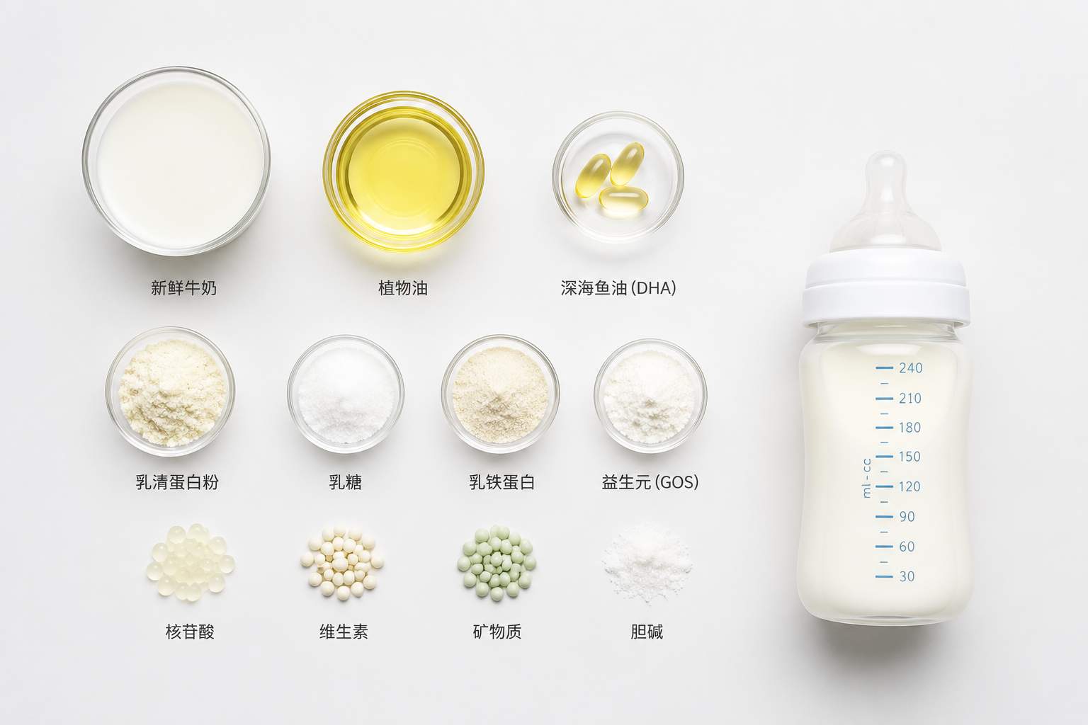 极简风格的平铺摄影（knolling），将奶粉配料表中的核心成分（如新鲜牛奶、植物油滴、深海鱼油胶囊代表DHA）整齐排列在白色背景上，旁边放着一个奶瓶，画面干净整洁，专业严谨。