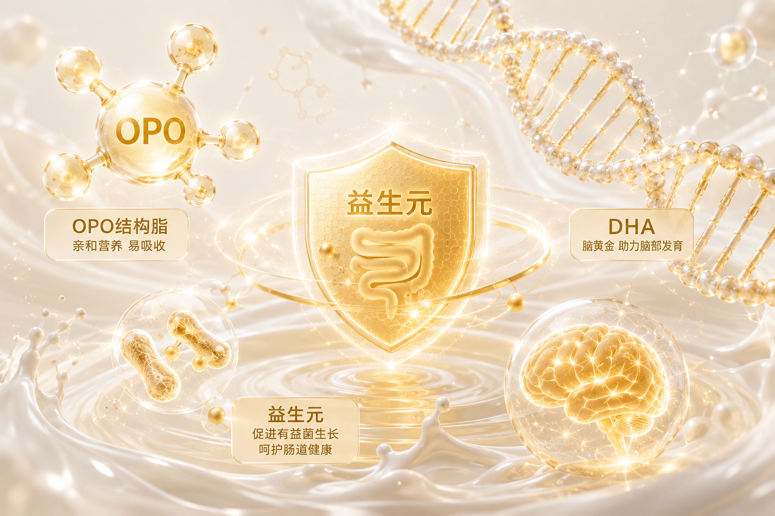 充滿科技感的微觀分子結(jié)構(gòu)圖，畫面中漂浮著發(fā)光的OPO分子、DHA雙螺旋結(jié)構(gòu)和益生元盾牌，背景是柔和的奶白色液體波紋，象征奶粉中豐富的特色強化營養(yǎng)配方，保護寶寶腸道和大腦發(fā)育。