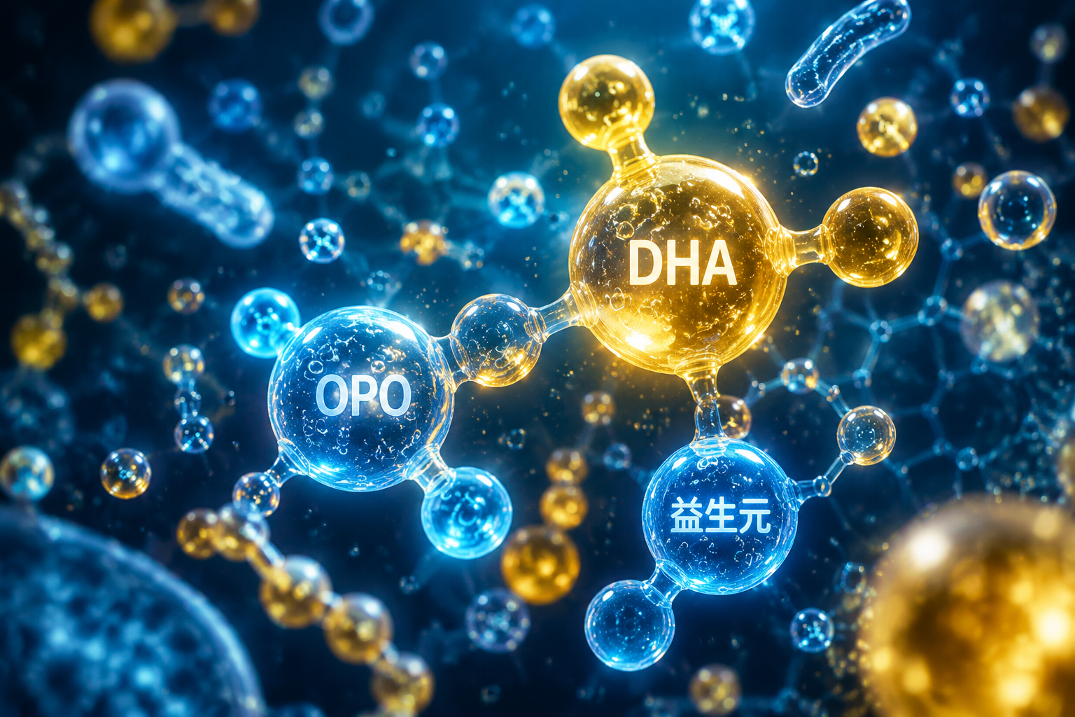 显微镜下的微观世界，发光的金色和蓝色营养分子（代表DHA、OPO、益生元等）在清澈的液体中活跃游动，充满生命力与科技感，3D渲染，微距发光效果，背景深邃。