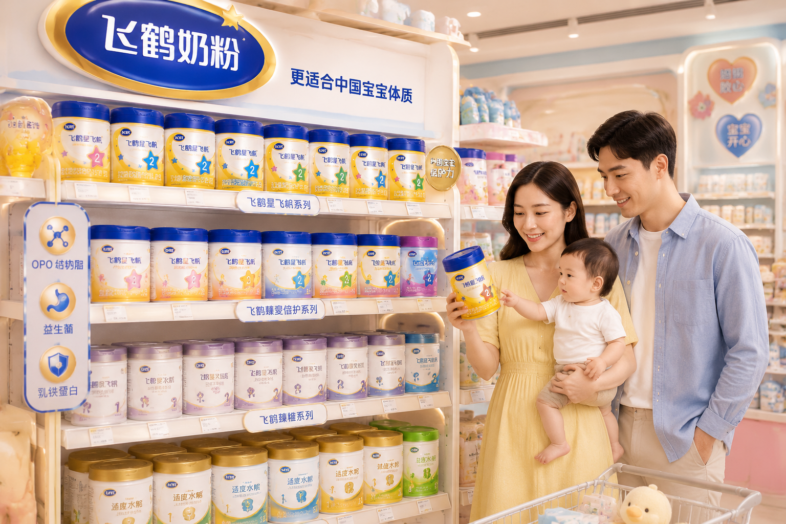 宽敞明亮的母婴店货架，整齐排列着不同段数和系列的飞鹤奶粉罐，柔和的马卡龙色调，展现出丰富的产品线和家庭购物的温馨氛围。