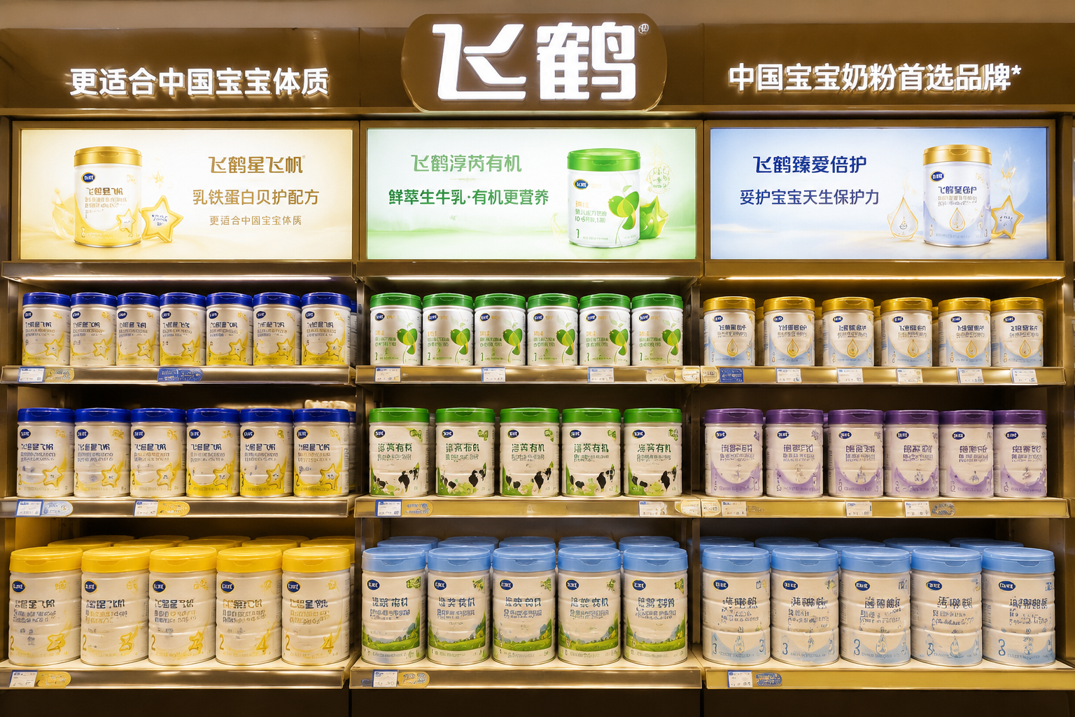 超市母婴专区整齐的货架，上面陈列着飞鹤品牌的各种系列奶粉，包括星飞帆、淳芮有机等，包装精美，灯光打在产品上显得高端大气，画面带有丰富的选择感和品牌矩阵感。