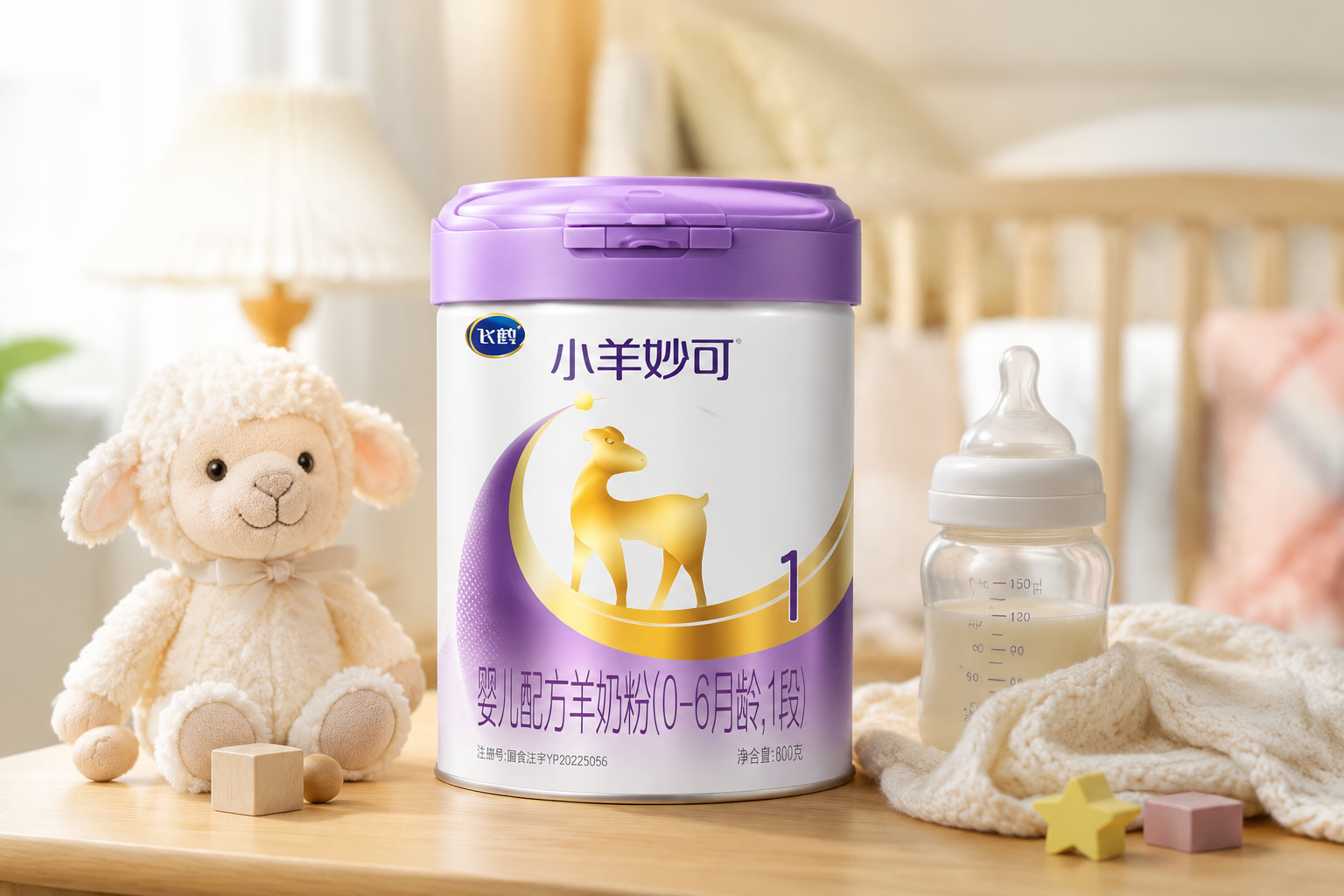 高清产品摄影，一罐飞鹤小羊妙可羊奶粉1段放置在温馨的婴儿房木桌上，旁边有可爱的毛绒玩具和奶瓶，柔和的自然光，专业影棚打光，背景虚化，展现高端母婴产品质感。
