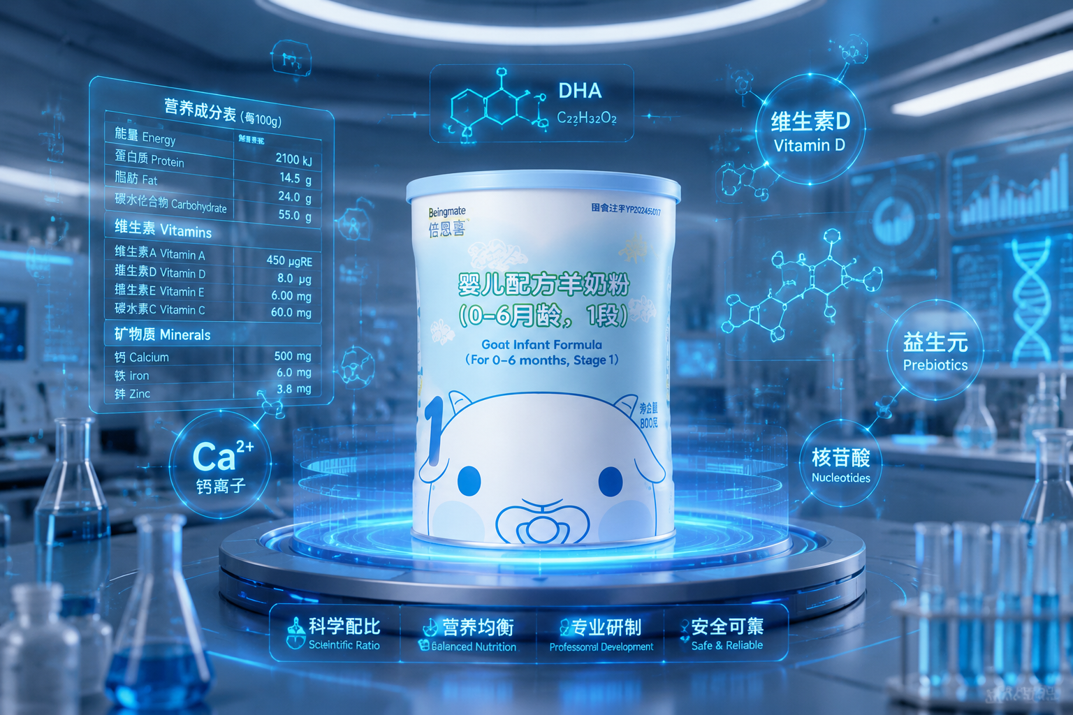 充满科技感的化验室背景，半空中悬浮着全息投影的虚拟数据表格和分子结构图（如钙离子、维生素、DHA分子），画面中心是一罐倍恩喜奶粉，展现出严谨的科学营养配比概念。