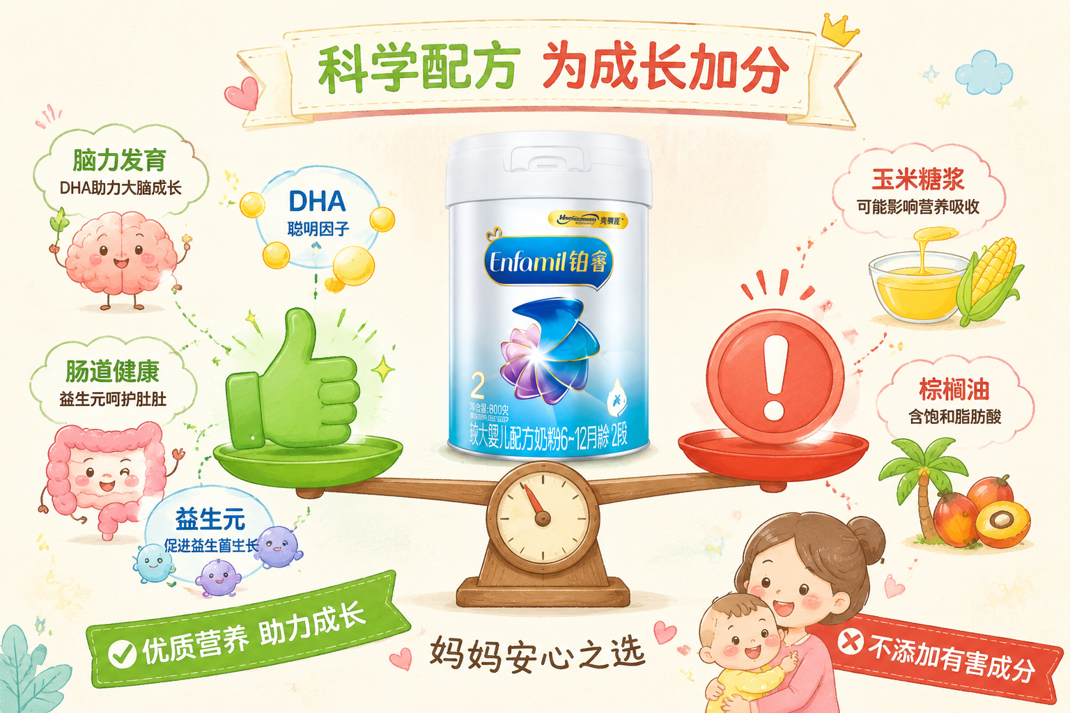采用紅黑榜或天平秤的創(chuàng)意設(shè)計(jì)，左側(cè)為綠色“點(diǎn)贊”圖標(biāo)，周圍環(huán)繞著象征大腦發(fā)育和腸道健康的微觀營養(yǎng)分子（代表DHA、益生元）；右側(cè)為紅色的“感嘆號”警示圖標(biāo)，旁邊有玉米糖漿和棕櫚油的簡筆畫元素。整體風(fēng)格可愛、生動，帶有母嬰手繪科普圖的質(zhì)感。