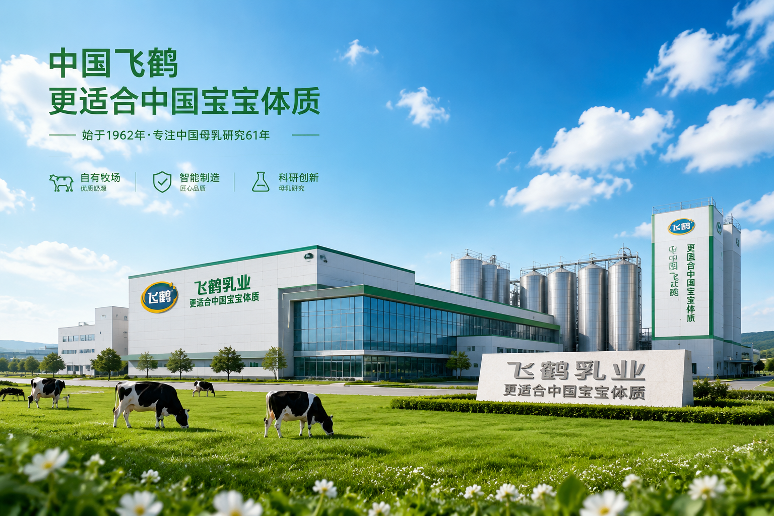 一座現(xiàn)代化的綠色生態(tài)乳制品工廠，位于廣袤的藍天白云下，周圍是郁郁蔥蔥的草地。畫面帶有歷史沉淀感與現(xiàn)代科技感交織的氛圍，彰顯大型國民企業(yè)的實力與信賴感。