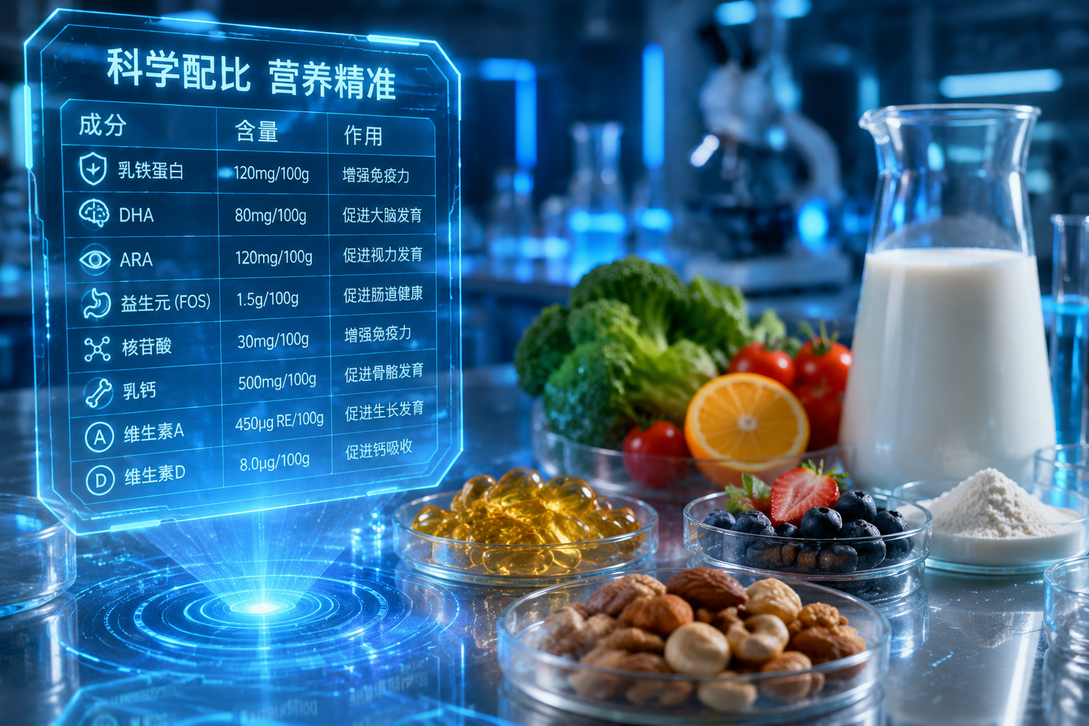充滿科技感的實驗室桌面，上面擺放著各種提煉好的天然營養(yǎng)元素（如深海魚油滴、堅果、新鮮果蔬、純凈牛奶），旁邊有一張發(fā)光的全息配料表，展現(xiàn)科學(xué)配比與精準(zhǔn)營養(yǎng)，微距攝影，高科技發(fā)光效果。