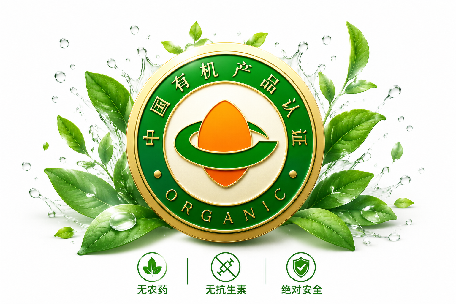 一枚代表“中国有机产品认证”的权威金色与绿色交织的徽章，周围环绕着象征天然有机的绿色植物叶片和纯净的水滴，背景纯白洁净，传达出绝对的安全、无农药、无抗生素的健康理念。