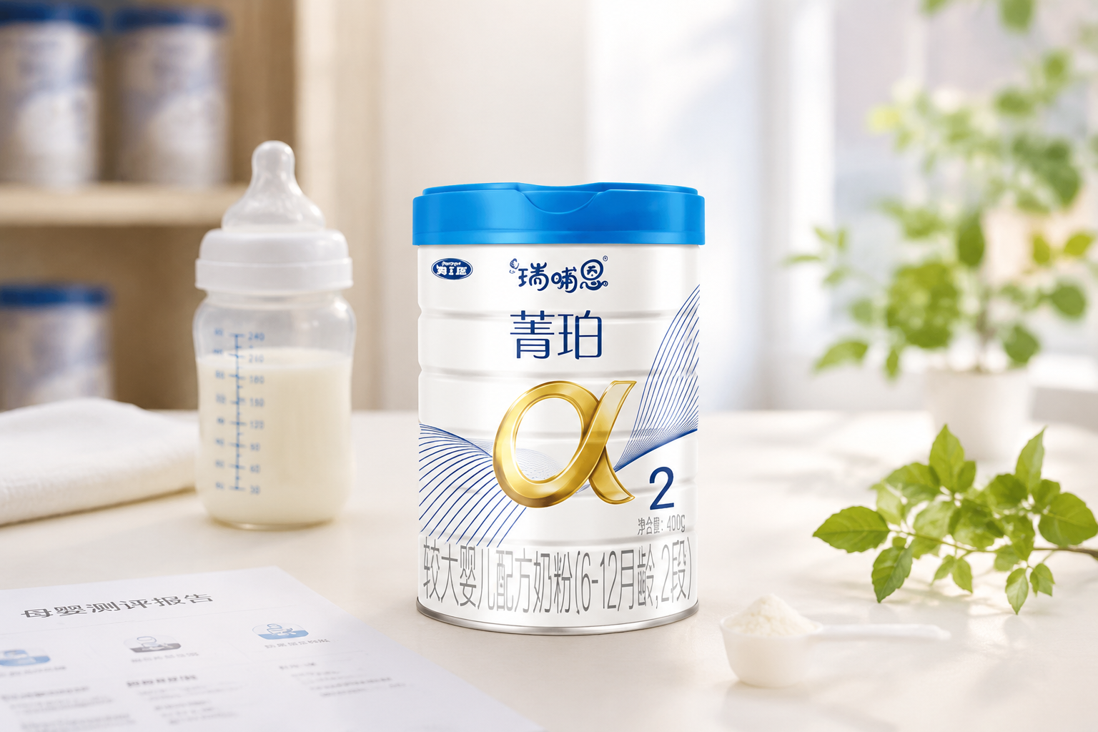一罐高端的婴儿配方奶粉，放置在干净明亮的母婴测评工作台上，旁边有奶瓶和绿叶点缀，整体色调温馨、专业、高端，柔和的自然光，摄影级画质。