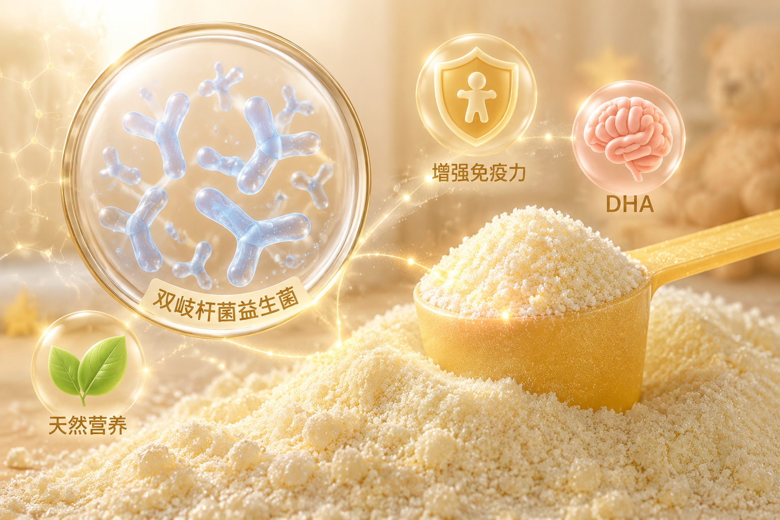 微距攝影，晶瑩剔透的奶粉粉末，旁邊點綴著充滿活力的營養(yǎng)元素圖標(biāo)（如盾牌代表免疫力、大腦代表DHA、綠葉代表天然），以及顯微鏡視角的雙歧桿菌益生菌插畫，充滿科技感與母嬰溫馨感，柔和暖色調(diào)，3D渲染。