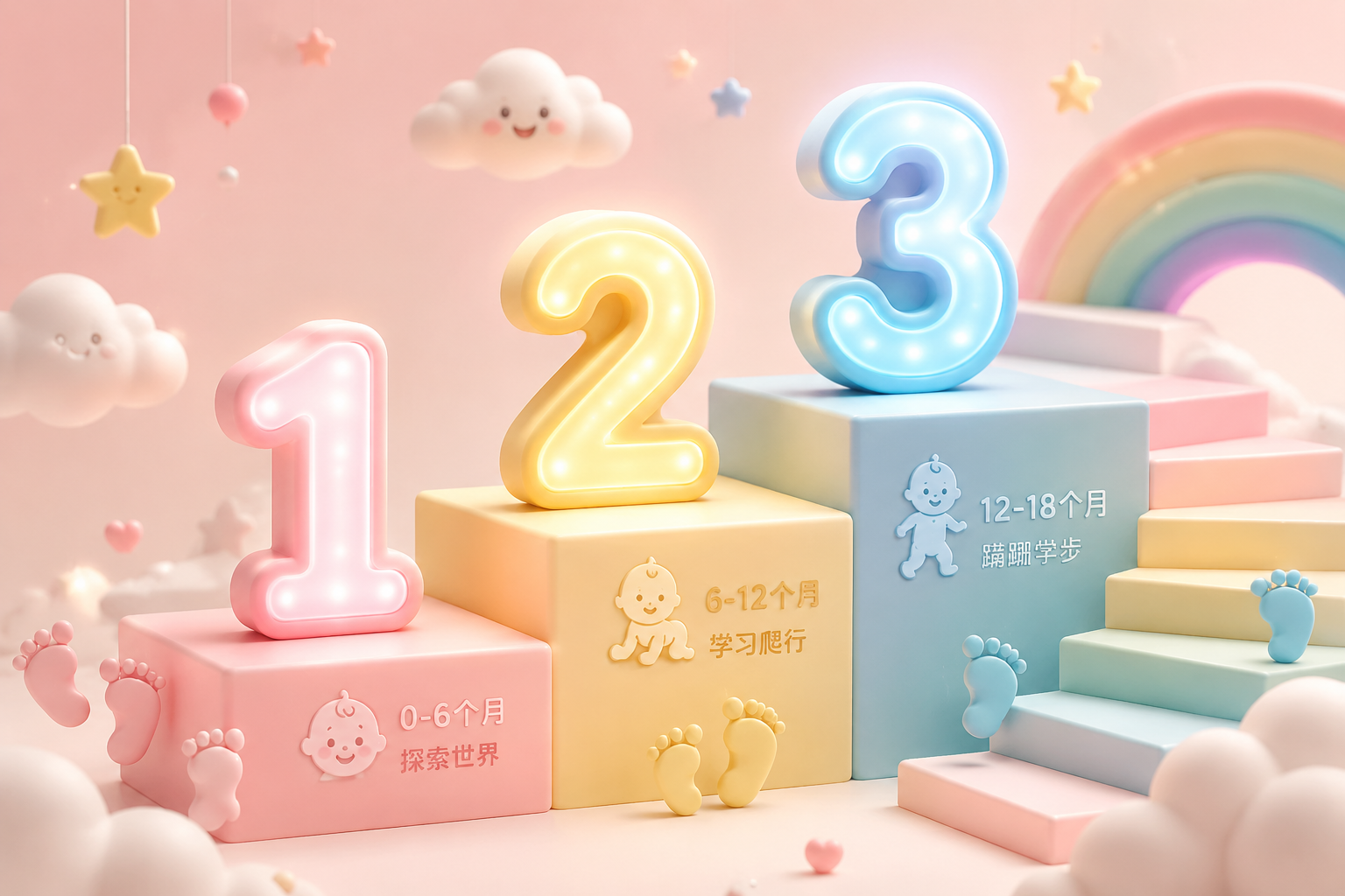渐进式的数字“1”、“2”、“3”立体发光字设计，代表宝宝成长的不同阶段，旁边配有可爱的婴儿脚印和成长阶梯的元素，马卡龙色调，温馨可爱。