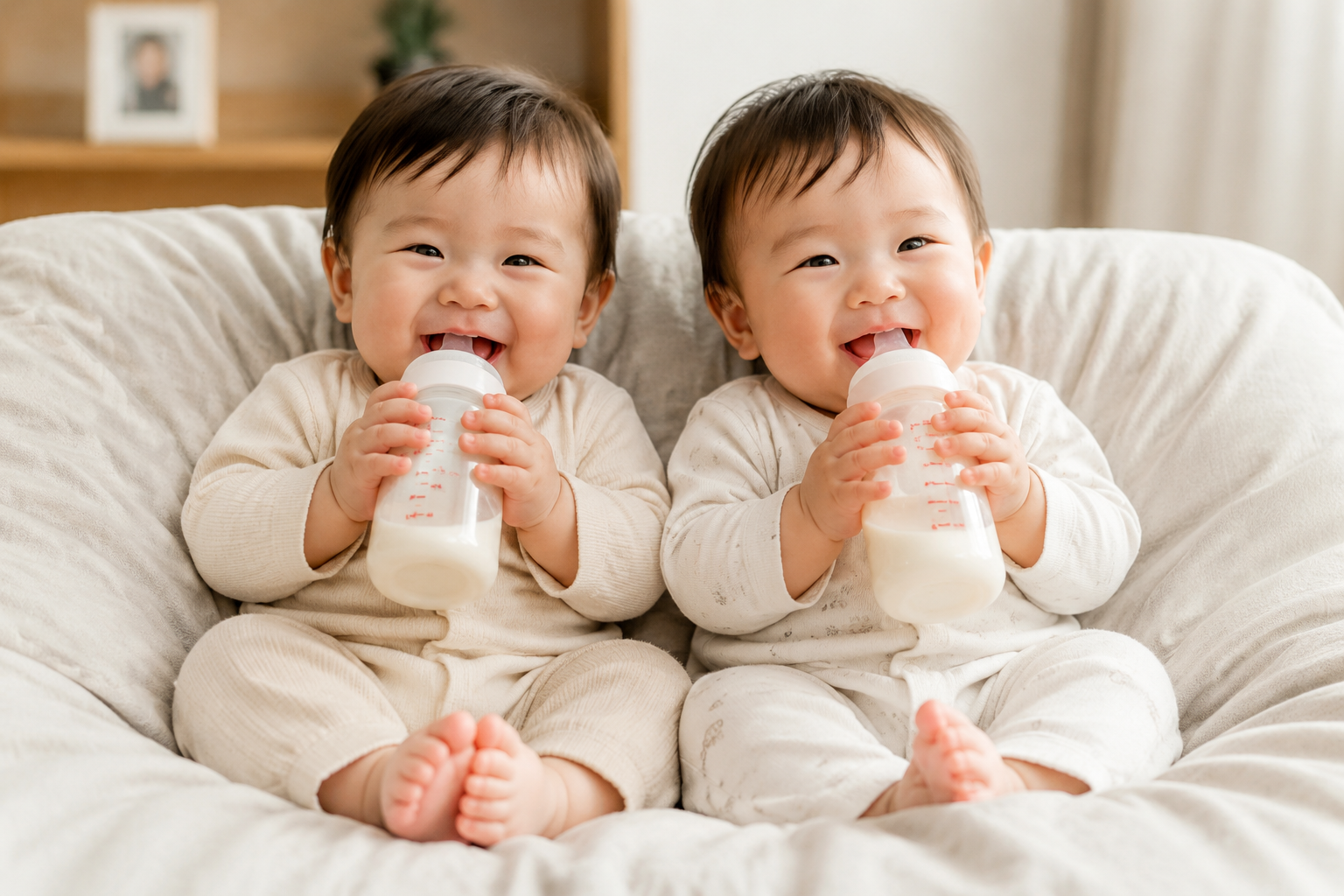 兩個(gè)可愛的雙胞胎寶寶（約1歲）坐在軟墊上，一人抱著一個(gè)奶瓶開心地喝著奶，笑容燦爛，畫面洋溢著真實(shí)的家庭幸福感。