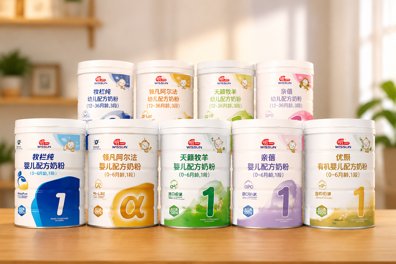 柔和的影棚灯光下，一张木质桌子上整齐排列着明一品牌的多个系列的奶粉罐，包括牧栏纯、领凡阿尔法、天籁牧羊等，背景虚化，展现品牌丰富的产品矩阵。