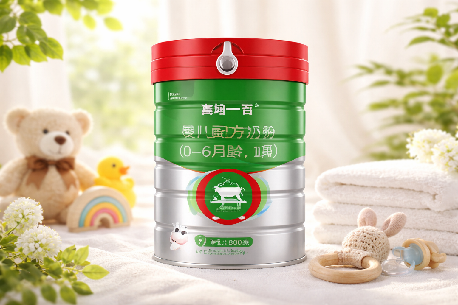 一罐高培一百奶粉1段的高清产品摄影图，放置在温馨的母婴摄影棚背景中，周围有柔和的自然光，旁边点缀着一些绿叶和婴儿安抚玩具，画面明亮、专业、充满呵护感，8k分辨率，逼真材质。
