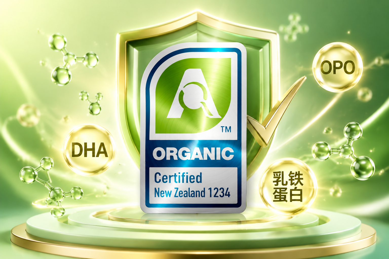 聚焦于AsureQuality认证标志（ID: 102），背景是代表着食品安全和高质量的绿色盾牌和打钩符号，周围环绕着代表DHA、OPO、乳铁蛋白等营养分子的发光粒子，展现产品的权威认证和多重优势，3D渲染，质感高级。