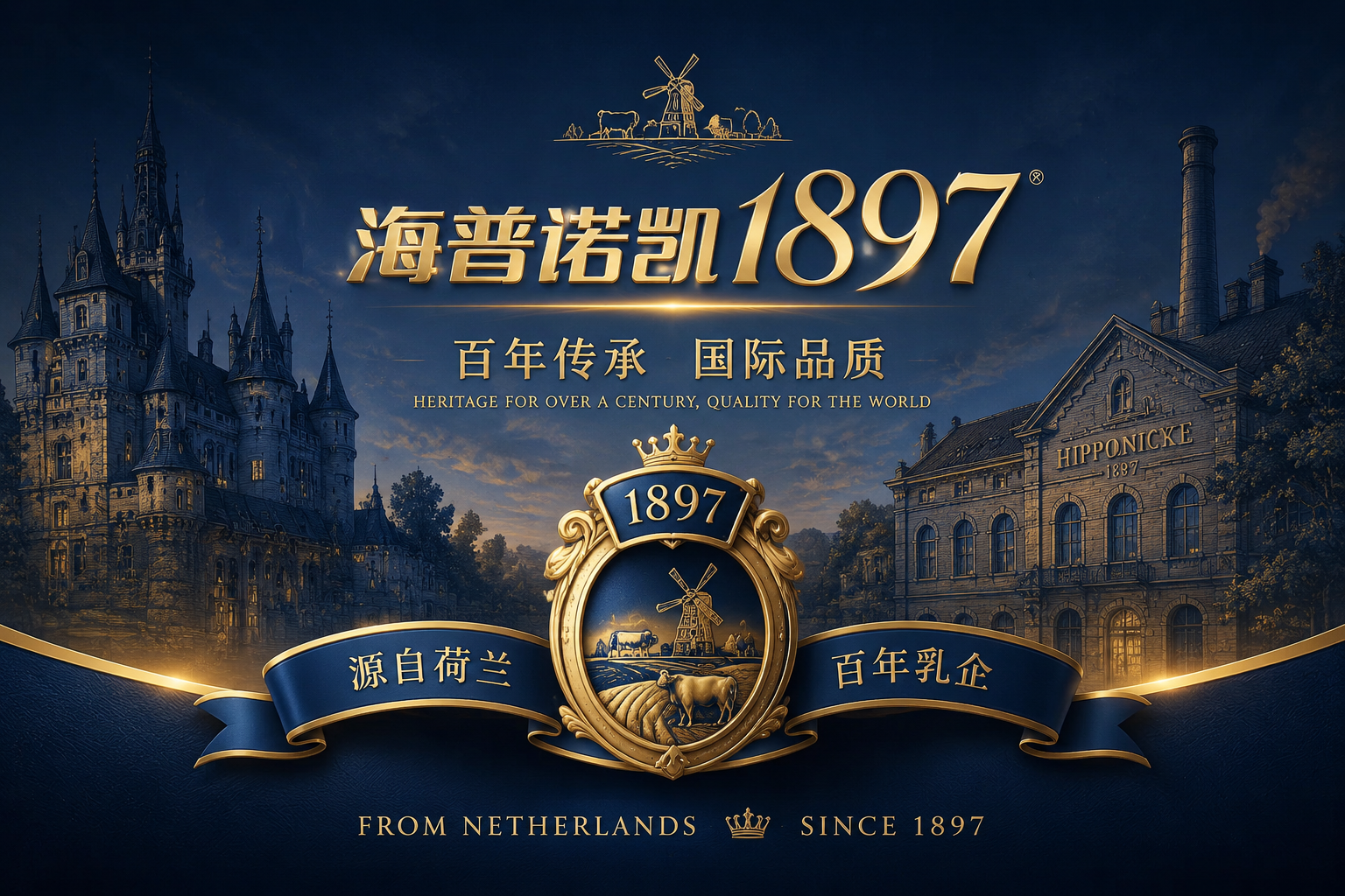 高端大气的品牌历史展示图，背景带有百年欧洲城堡或古老乳企建筑的剪影，前景展示海普诺凯1897的品牌Logo，色调以奢华的金色和深蓝色为主，体现百年传承与国际化品质。