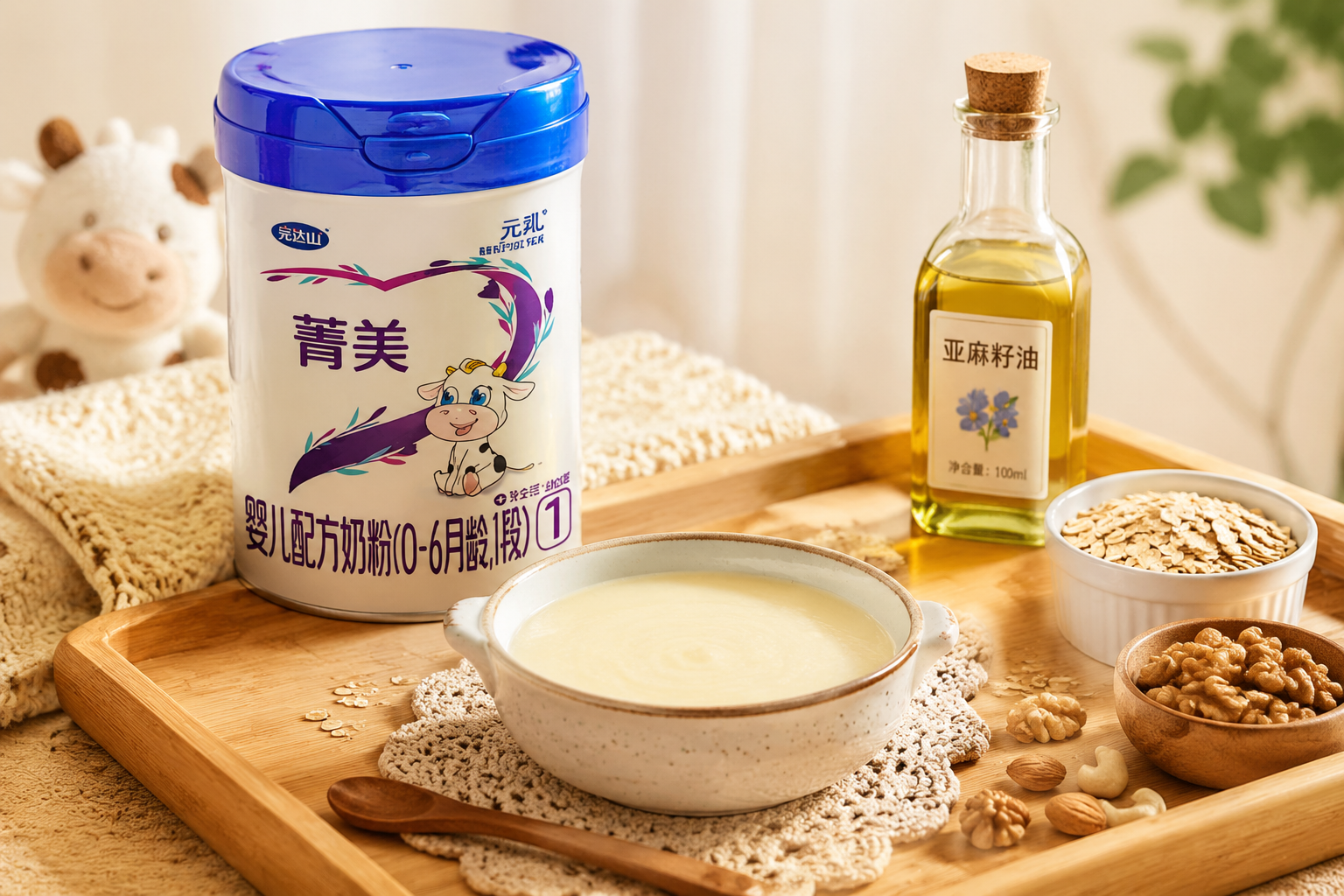 摄影级，温馨的母婴辅食场景。木质托盘上放着一碗冲泡好的奶粉，旁边搭配着一些燕麦、坚果和一小瓶亚麻籽油，展示基础营养的丰富来源，色调温暖，光线柔和。