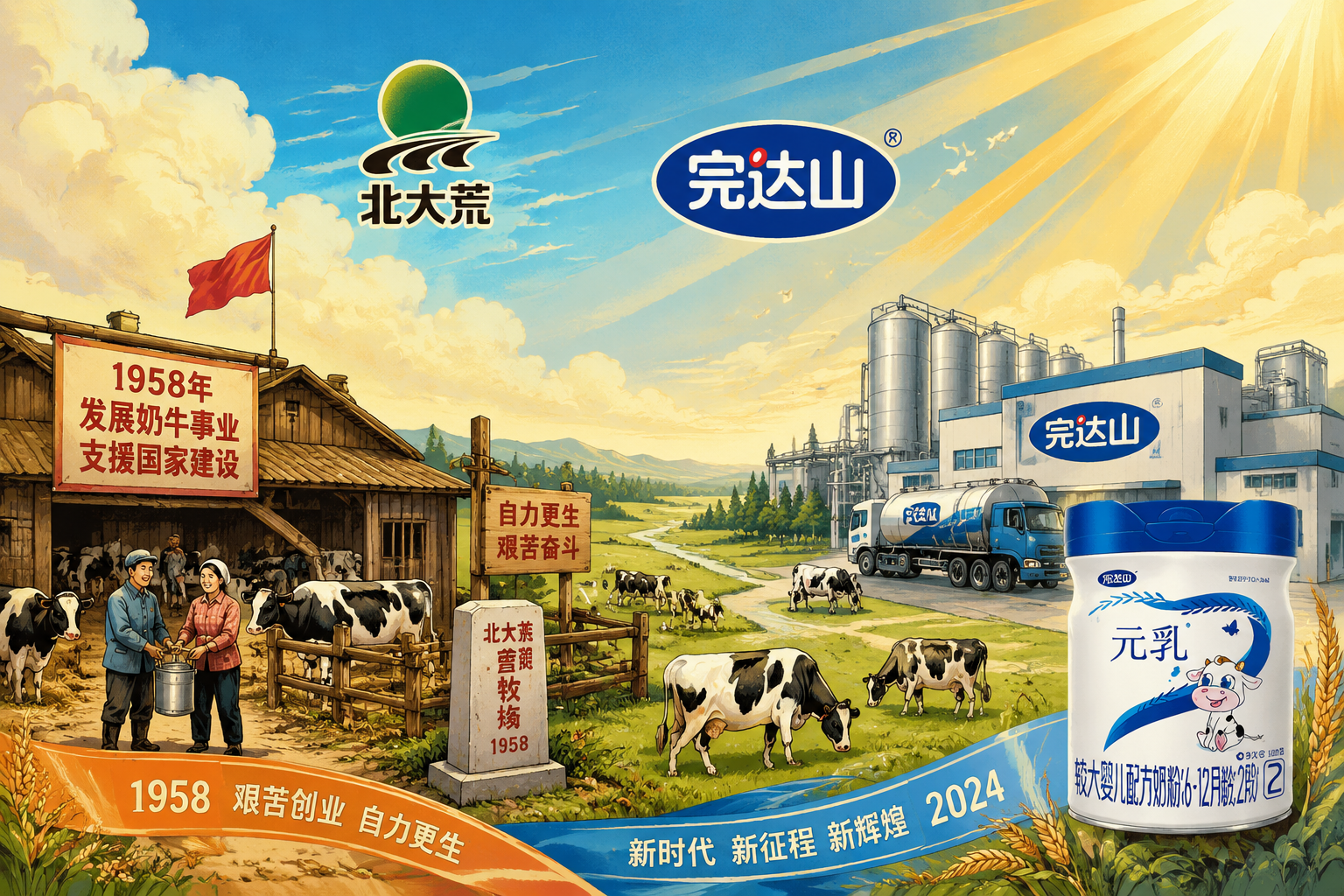 一張展現(xiàn)歷史底蘊與現(xiàn)代農業(yè)結合的插畫。左邊是1958年復古風格的奶牛養(yǎng)殖場，右邊過渡到現(xiàn)代化的乳品加工廠，天空中飄著“北大荒”和“完達山”的標志性元素，陽光明媚，充滿希望與信賴感。