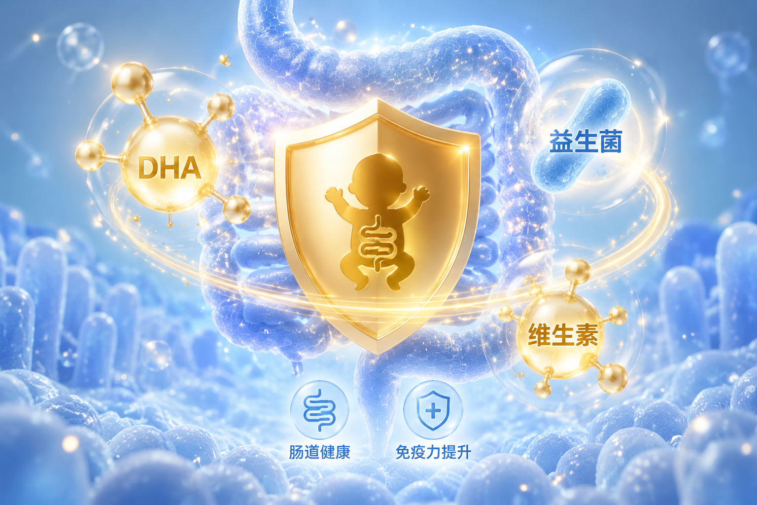 3D渲染的微观世界，发光的分子结构代表DHA、益生菌和维生素，环绕着一个金色的保护盾牌，象征着宝宝的肠道健康和免疫力提升，科技感与医疗健康风格，柔和的蓝色与金色光影。