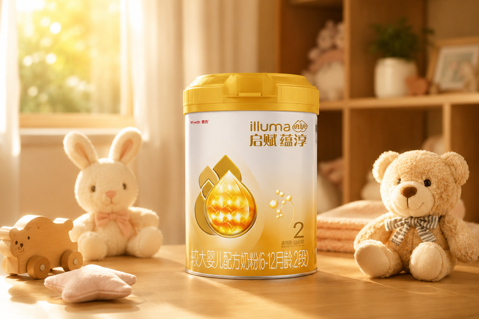 一罐惠氏启赋蕴淳2段奶粉的精美商品摄影，放置在温馨的母婴房木质桌面上，旁边散落着可爱的婴儿毛绒玩具和一束温暖的阳光，高分辨率，柔和暖色调，写实且充满母爱的氛围。