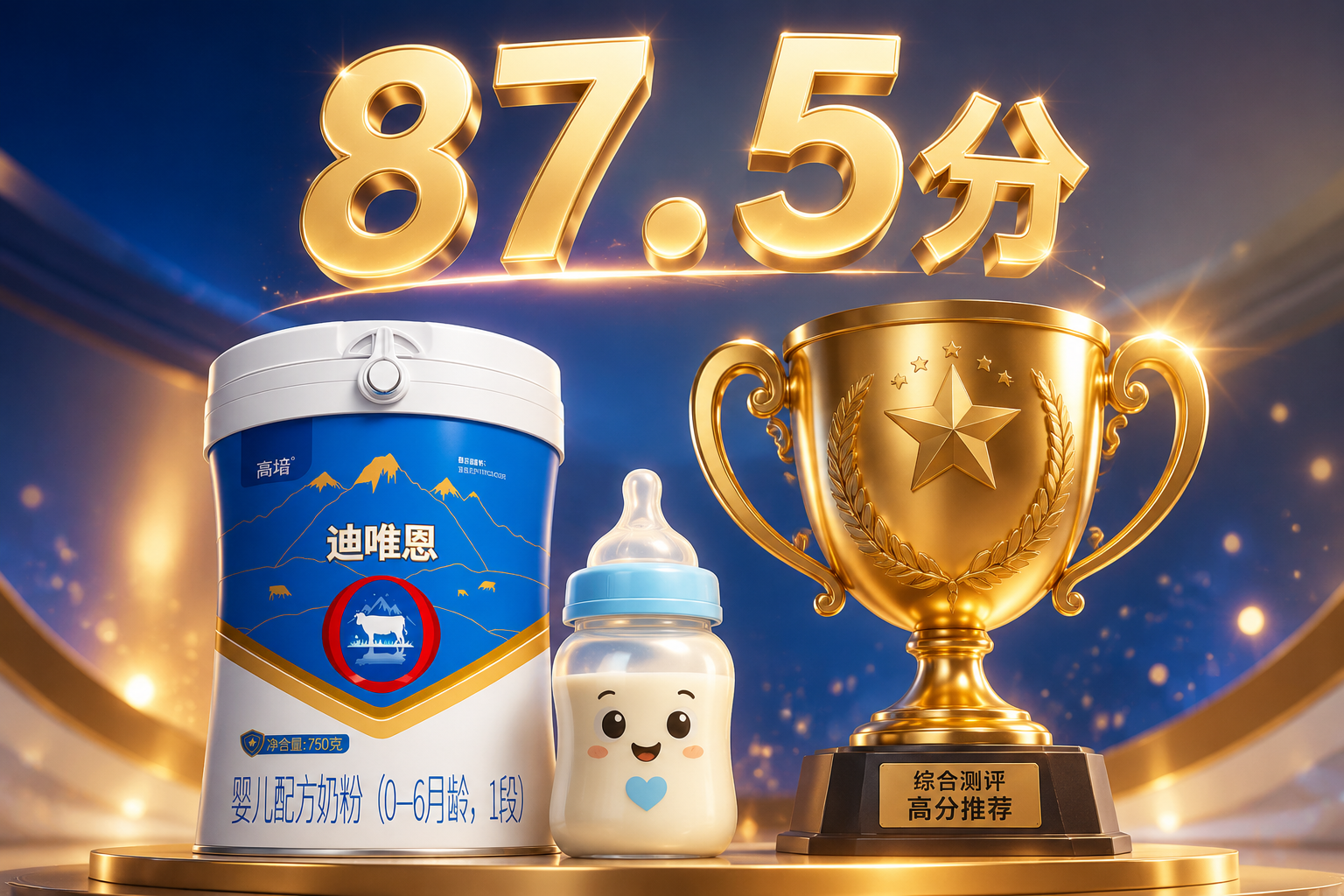 一个金色的奖杯旁边放着一罐奶粉和一个可爱的婴儿奶瓶，上方漂浮着“87.5分”的立体发光数字，背景是高级的渐变色，象征着测评的最终高分总结。