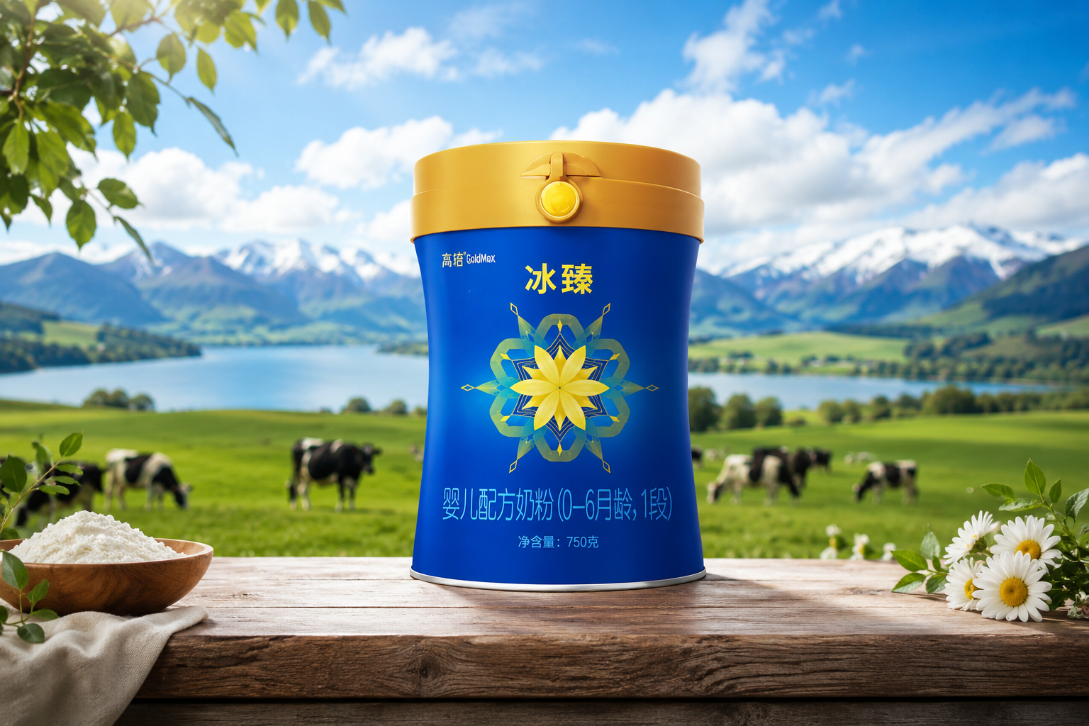 一罐高培冰臻奶粉1段，放置在充满新西兰自然风光的木质桌面上，背景是蓝天白云和绿色的牧场，光线明亮，展现高端母婴产品的质感，8k分辨率，逼真细节。