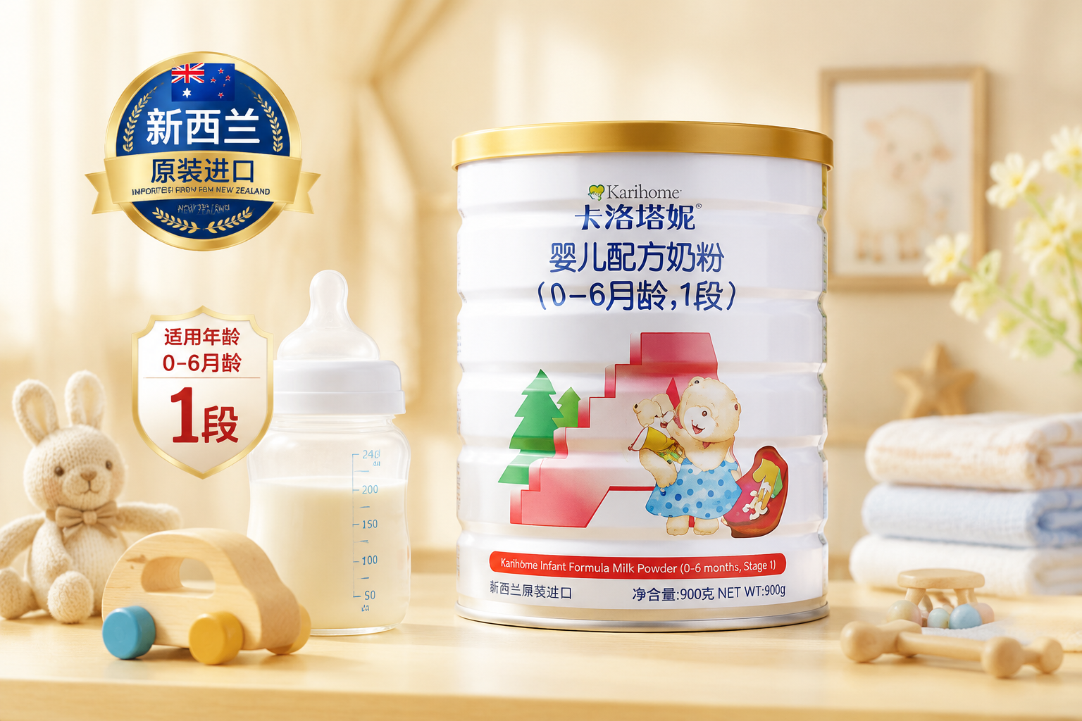 一罐卡洛塔妮奶粉1段的高清产品图，放置在温馨的母婴环境中，旁边有可爱的婴儿玩具和奶瓶，光线柔和，突出产品的“新西兰原装进口”和“1段”标签，整体色调温暖、专业。