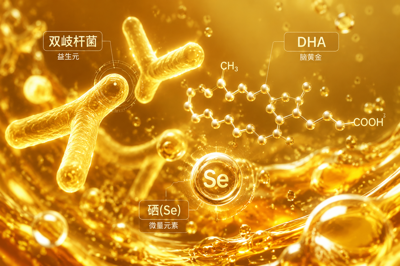 微觀視角的科學(xué)概念圖，展示發(fā)光的雙歧桿菌（代表益生元）、DHA分子結(jié)構(gòu)和微量元素硒，懸浮在金色的液體中，充滿科技感與營(yíng)養(yǎng)感。