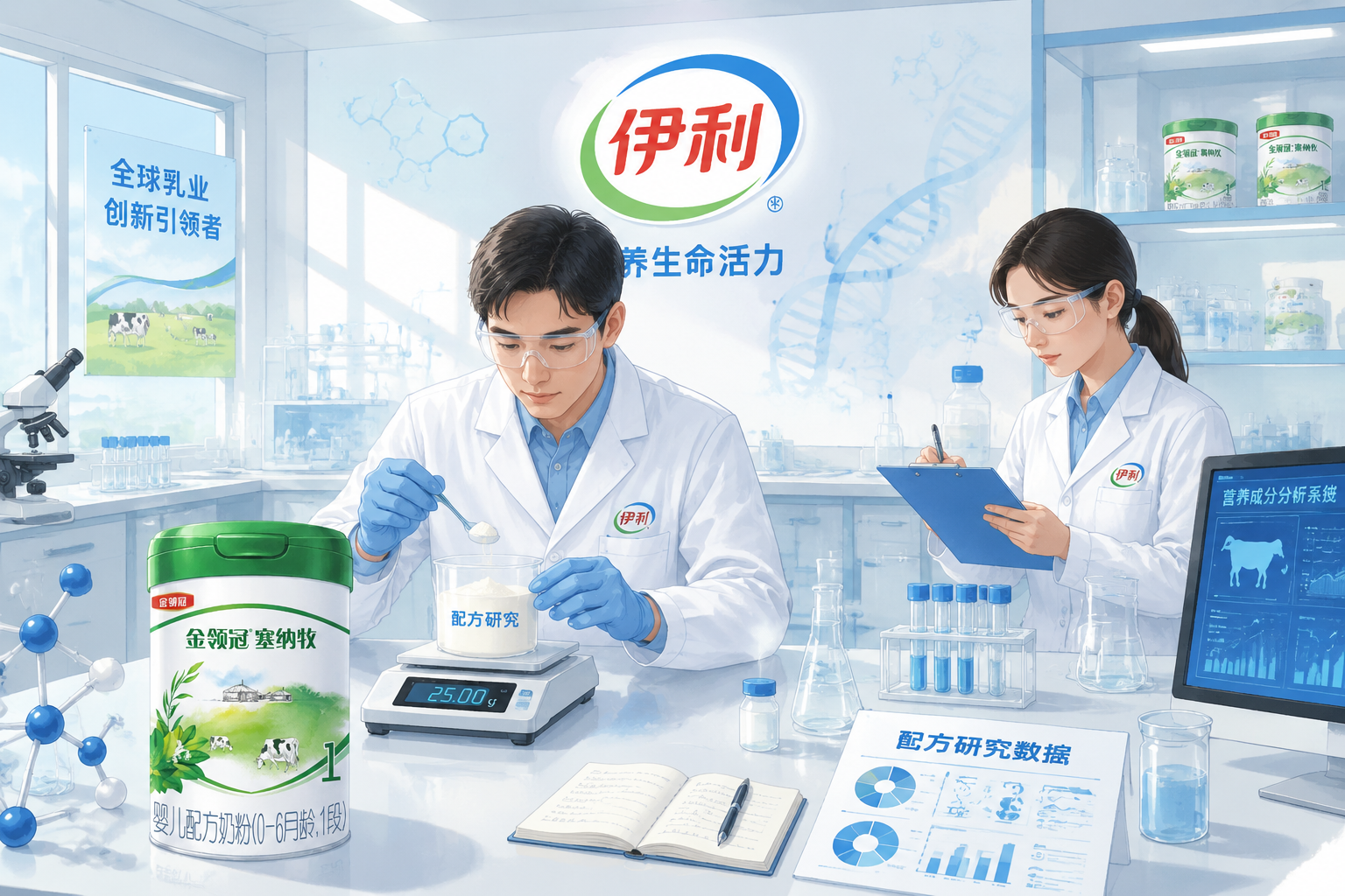 插画风格，一个现代化的乳制品研发实验室，背景有伊利品牌的标志性元素，身穿白大褂的科研人员正在专注地进行奶粉配方研究，科技感与专业感交织，明亮色调。