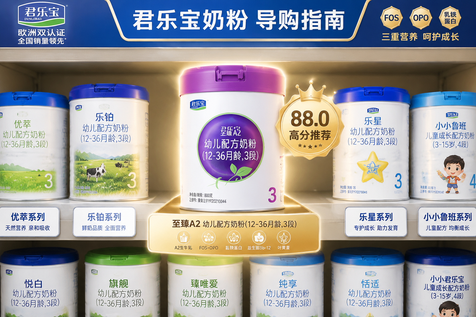 貨架上整齊排列著不同系列和段數(shù)的君樂寶奶粉罐，畫面中央突出至臻A2奶粉，旁邊帶有“88.0高分推薦”的金色徽章圖標，整體風格清晰、具有導購指南的視覺效果。