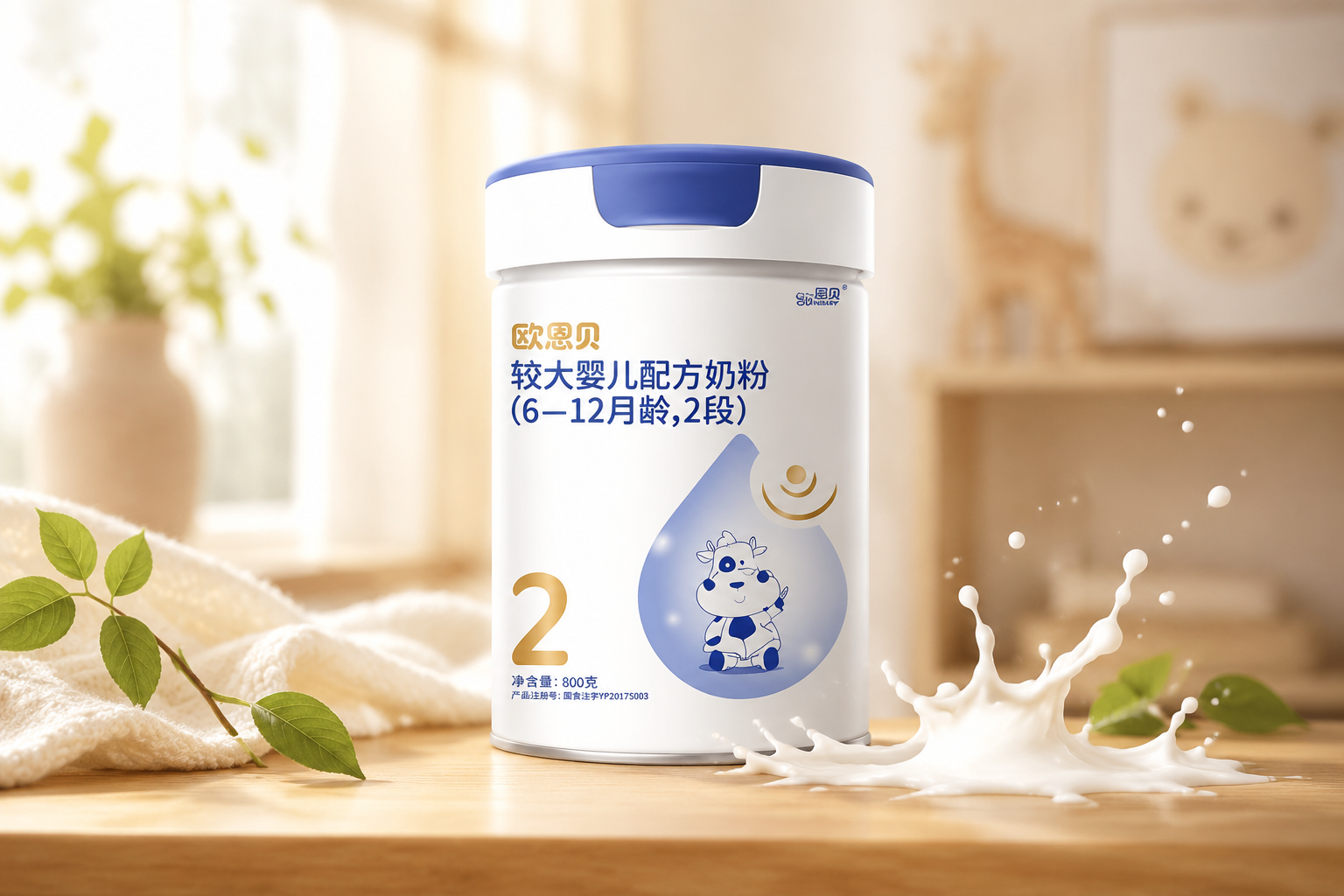 一張高端母嬰博主風(fēng)格的產(chǎn)品主圖。畫(huà)面中心是歐恩貝奶粉2段（800g）的罐子，放置在溫馨的木質(zhì)桌面上，旁邊有幾滴飛濺的純白牛奶和一些綠葉作為點(diǎn)綴。背景是柔和的自然光，整體色調(diào)溫暖、專業(yè)、干凈，帶有高級(jí)感。