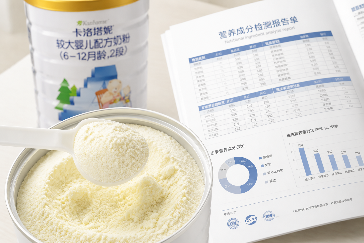 微距攝影，清晰展示奶粉細(xì)膩的粉質(zhì)，背景隱約可見(jiàn)卡洛塔妮奶粉罐。旁邊搭配一本打開(kāi)的營(yíng)養(yǎng)數(shù)據(jù)檢測(cè)報(bào)告單，畫(huà)面嚴(yán)謹(jǐn)、專(zhuān)業(yè)，色彩干凈，以白色和淺木色為主。