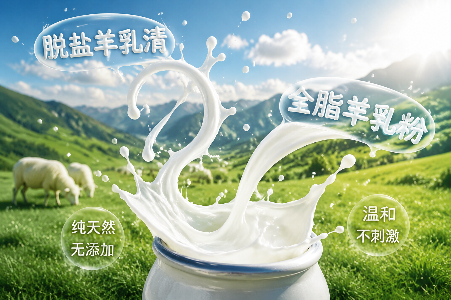 纯净的羊奶在空中飞溅出优美的弧线，背景是阳光明媚的绿色高山牧场，画面中融入脱盐羊乳清和全脂羊乳粉的文字概念特效，整体呈现出纯天然、无添加、温和不刺激的视觉感受，高清晰度，微距摄影风格。