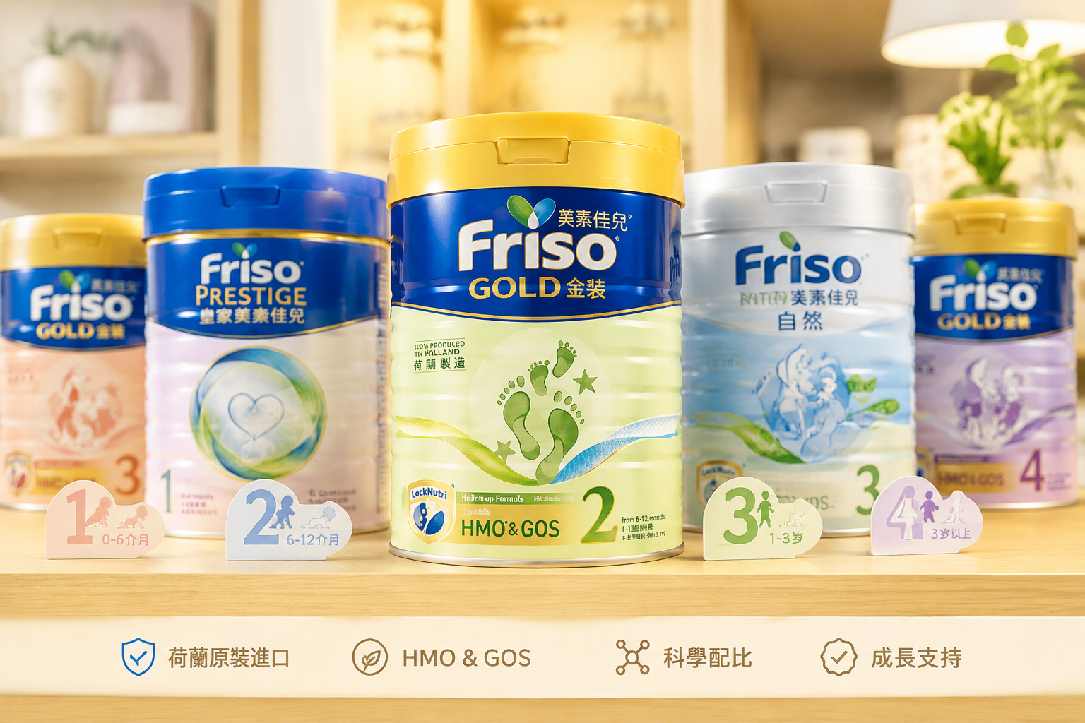 一排不同包装的奶粉罐摆放在温馨的木质货架上，画面焦点在居中的一罐奶粉上，背景适度虚化，旁边有代表不同段数和版本的标签剪影，风格干净明亮，适合母婴选购指南配图。