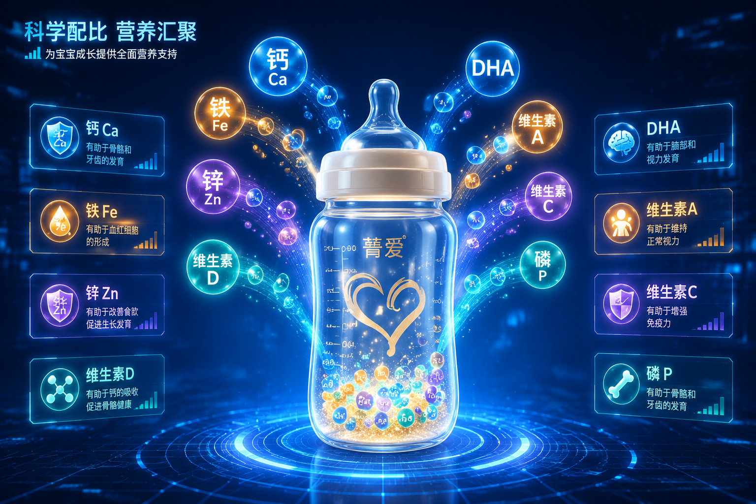 充满科技感的营养成分展示图，漂浮的各种维生素和矿物质发光图标（如钙、铁、锌、维生素A、DHA等），汇聚到一个透明的婴儿奶瓶中，背景为深蓝色科技感网格，3D高质量渲染，数据可视化风格。