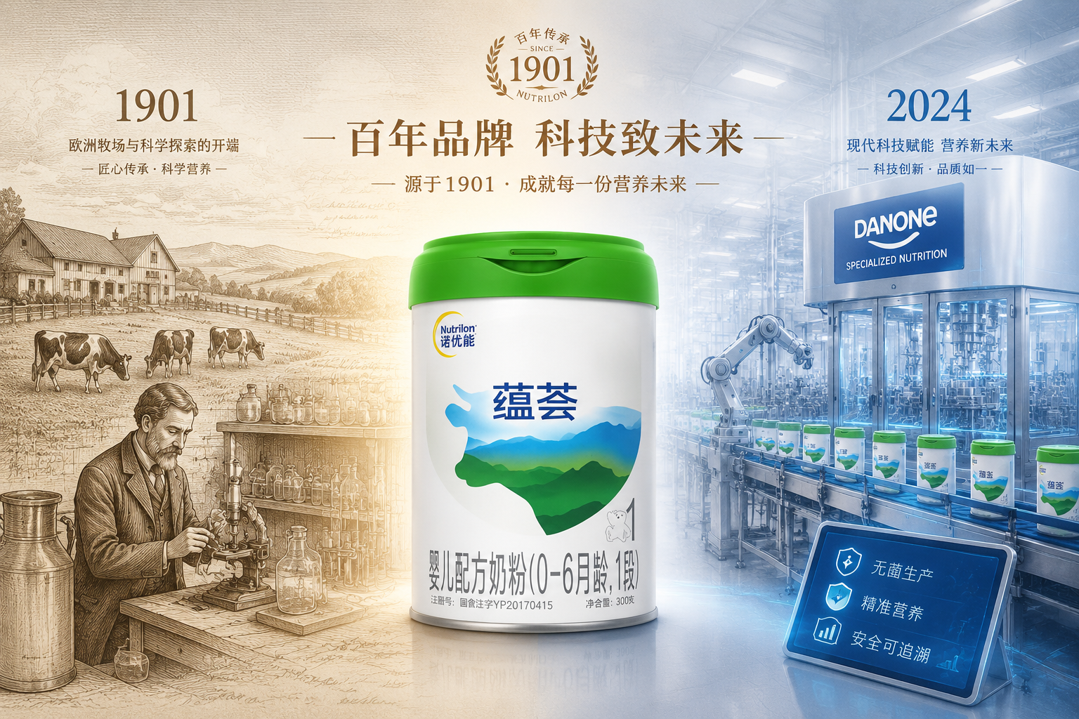展现品牌悠久历史与现代科技结合的画面。左侧是复古的1901年欧洲牧场或实验室的线稿，右侧过渡到现代化的达能特殊营养品无菌生产线，画面中央放置诺优能奶粉罐，光影柔和，突出“百年品牌”与“现代科技”的碰撞。