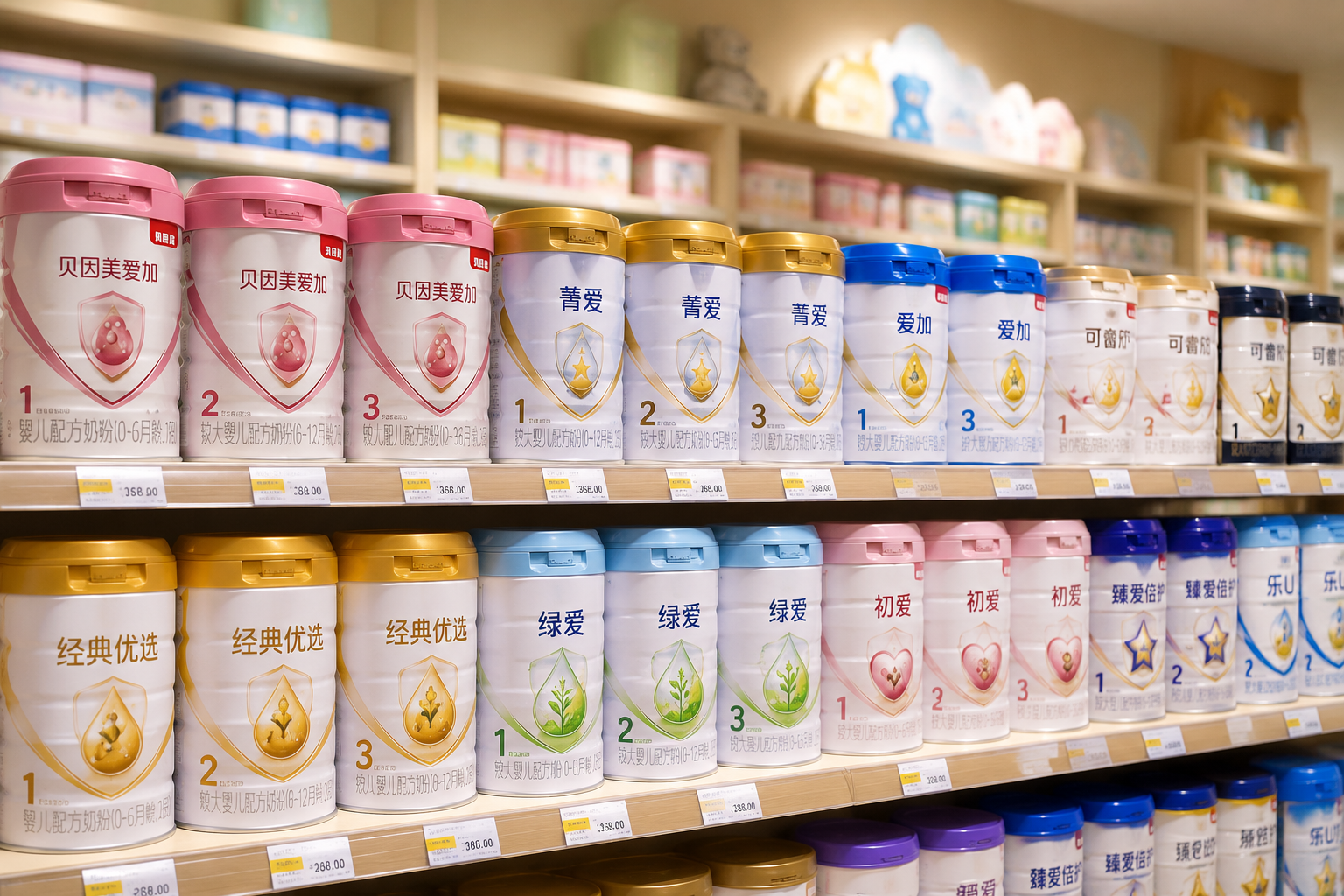 现代化的母婴用品店货架，整齐地排列着不同段位（1段、2段、3段）和系列的国产婴幼儿奶粉罐。标签清晰，灯光柔和打在货架上，背景轻微虚化，展现出丰富的品牌产品线和消费者的多样化选择，商业摄影风格。