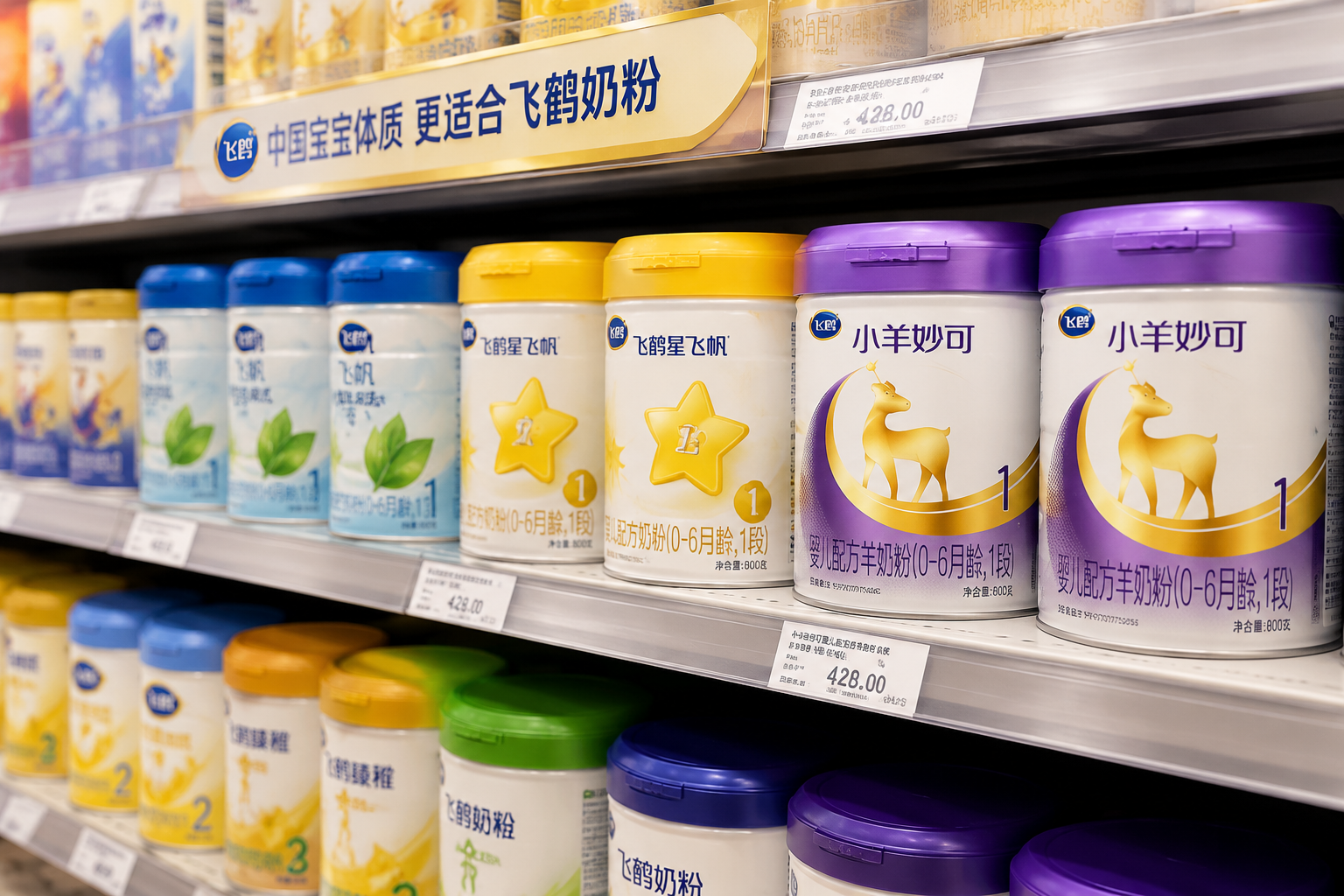 货架上整齐排列着不同系列的飞鹤奶粉罐，景深效果，突出品牌的丰富产品线，超市货架背景，明亮的商场灯光，高端商业摄影。