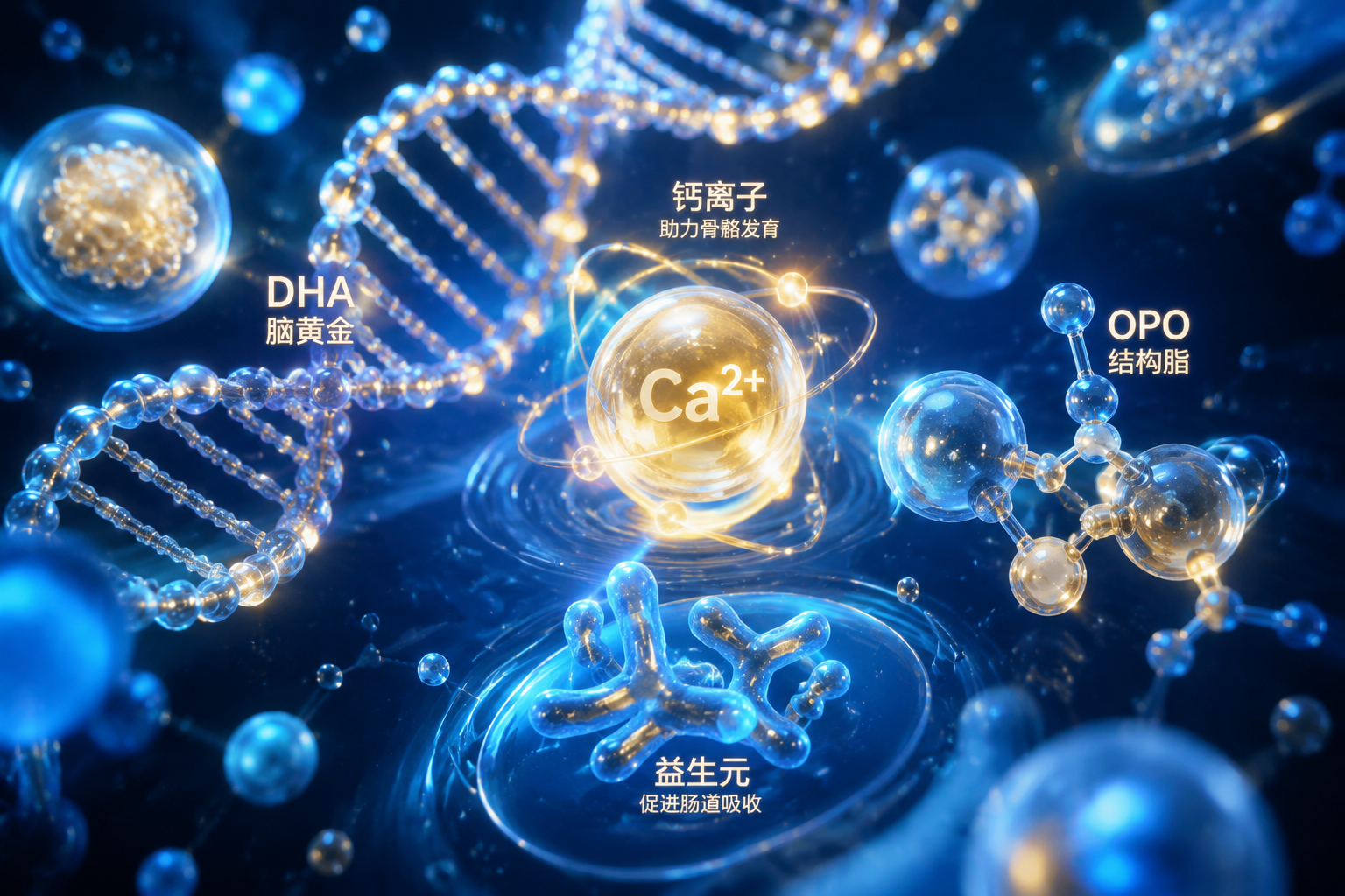 3D微观视角，展示奶粉中丰富的营养分子结构，如DHA双螺旋、OPO结构脂分子、发光的钙离子和益生元，科技感发光效果，背景为深蓝色，体现高端核心配方，8k分辨率，C4D渲染 --ar 16:9