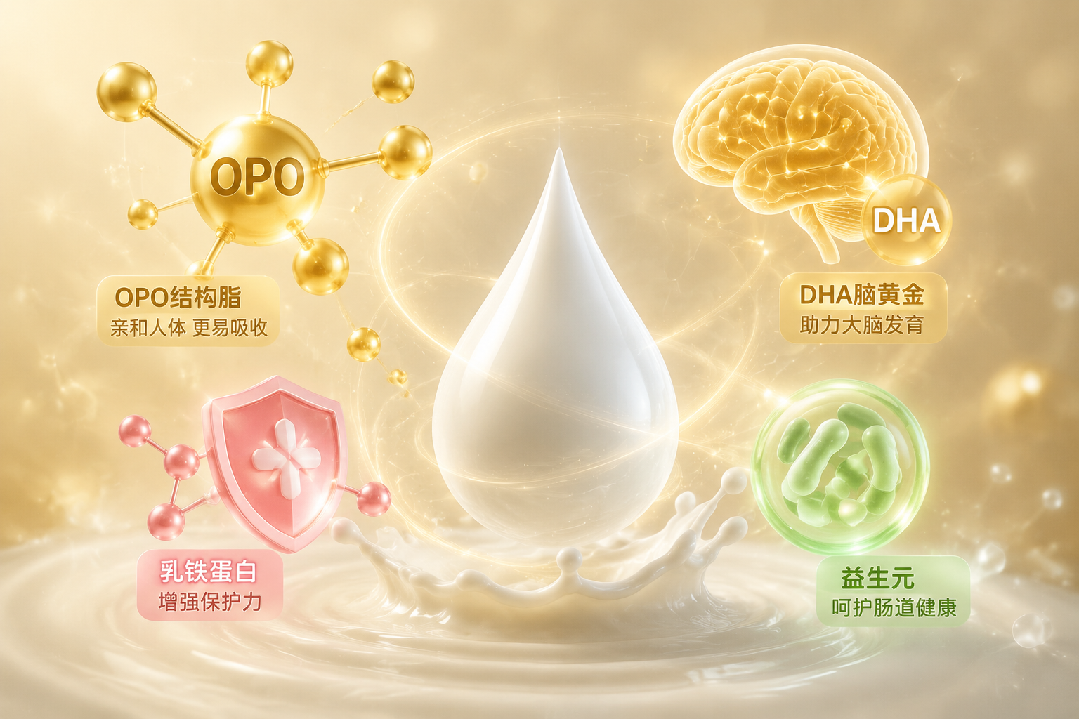 概念性微观营养插图,漂浮在空中的金色OPO分子结构、DHA大脑图标、代表免疫力的粉色乳铁蛋白盾牌图标、绿色的益生元图标,围绕着一滴纯净的牛奶,充满科技与健康感,3D渲染效果。