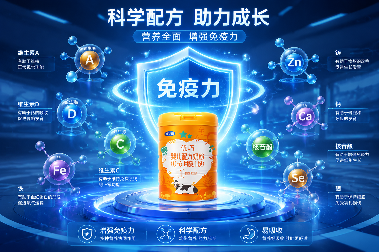 充满科技感的营养成分展示图，发光的盾牌代表免疫力，周围环绕着代表矿物质和维生素的分子结构模型，蓝色科技背景，3D渲染，体现科学配方。